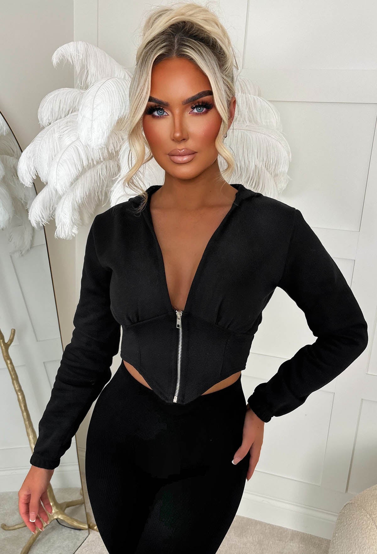 Casual Baddie Black Corset Zip Up Hoodie