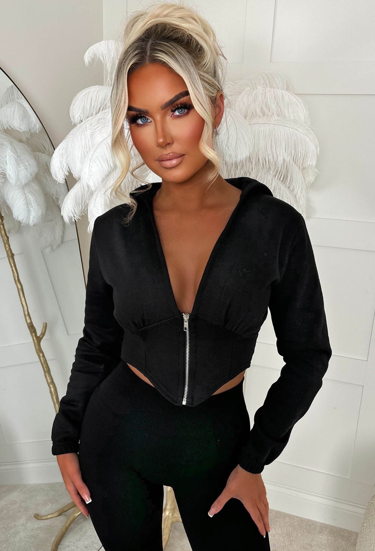 Casual Baddie Black Corset Zip Up Hoodie