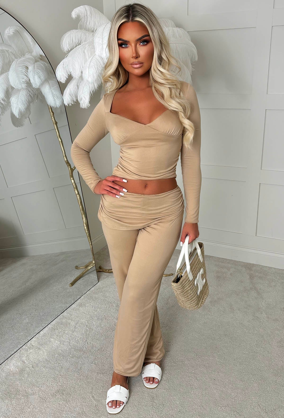 Casually Luxe Beige Ruched Long Sleeve Top & Trousers Set