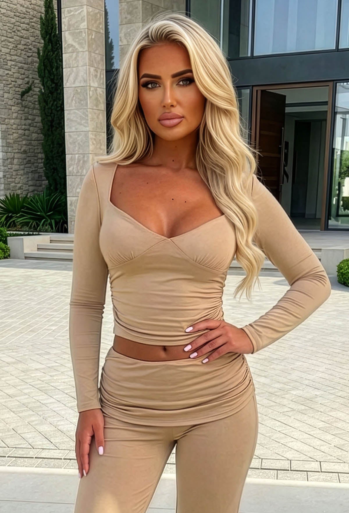 Casually Luxe Beige Stretch Ruched Long Sleeve Top