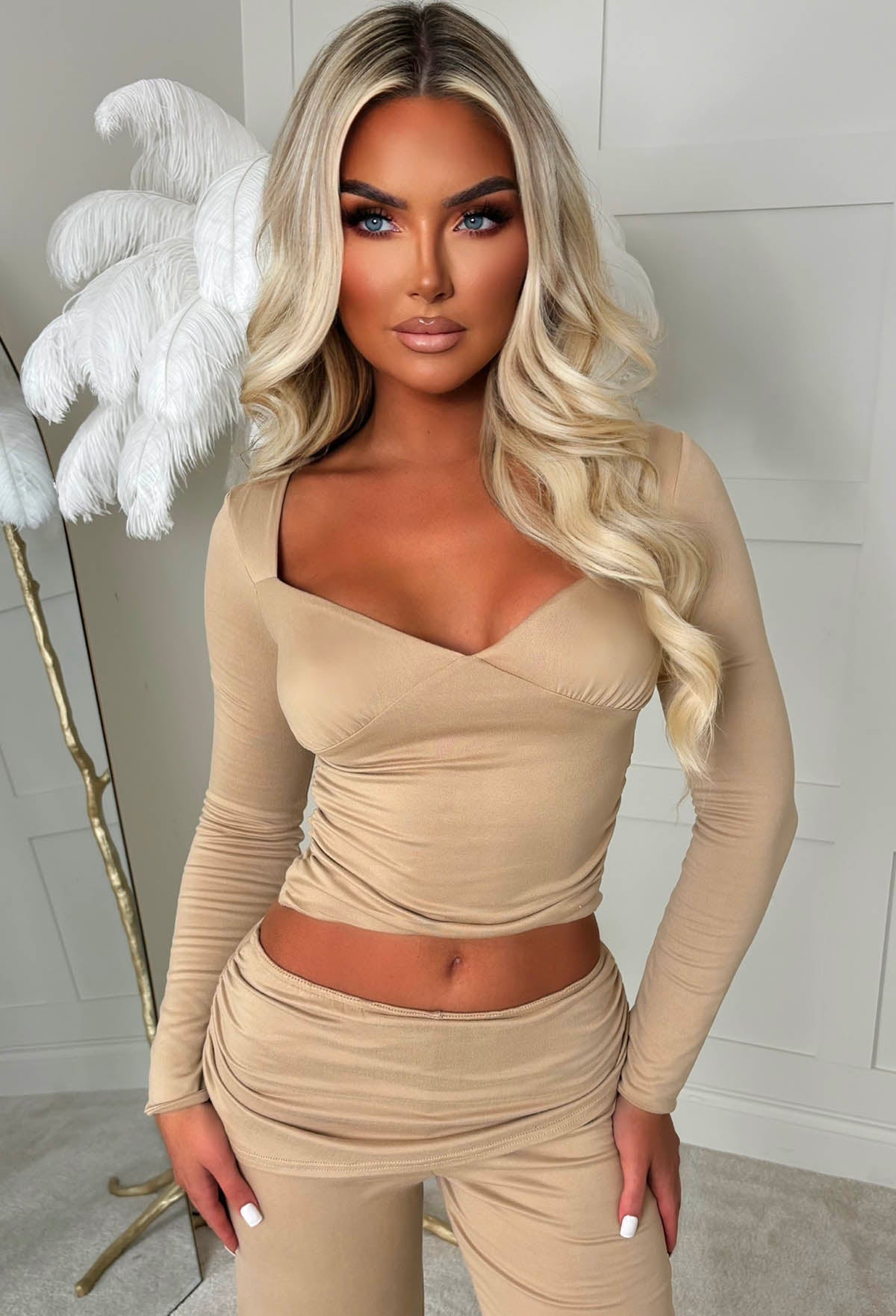 Casually Luxe Beige Stretch Ruched Long Sleeve Top