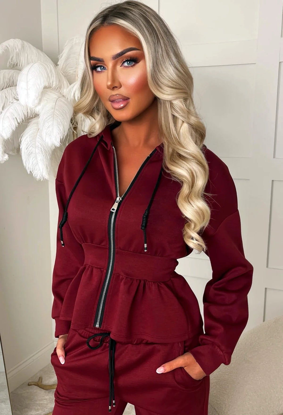 Celeste Chic Burgundy Peplum Loungewear Co-ord