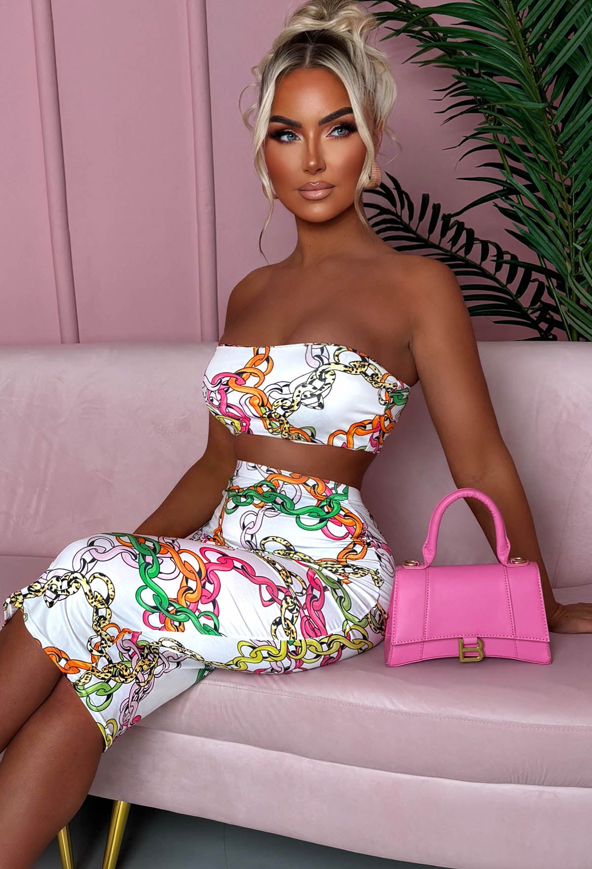 Chained To Paradise White Chain Printed Bandeau Co-ord Set