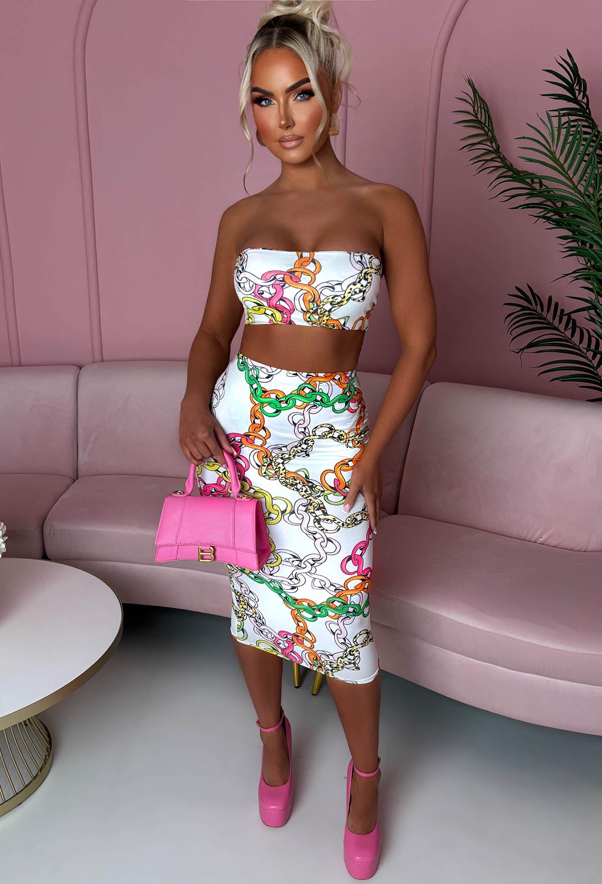 Chained To Paradise White Chain Printed Bandeau Co-ord Set