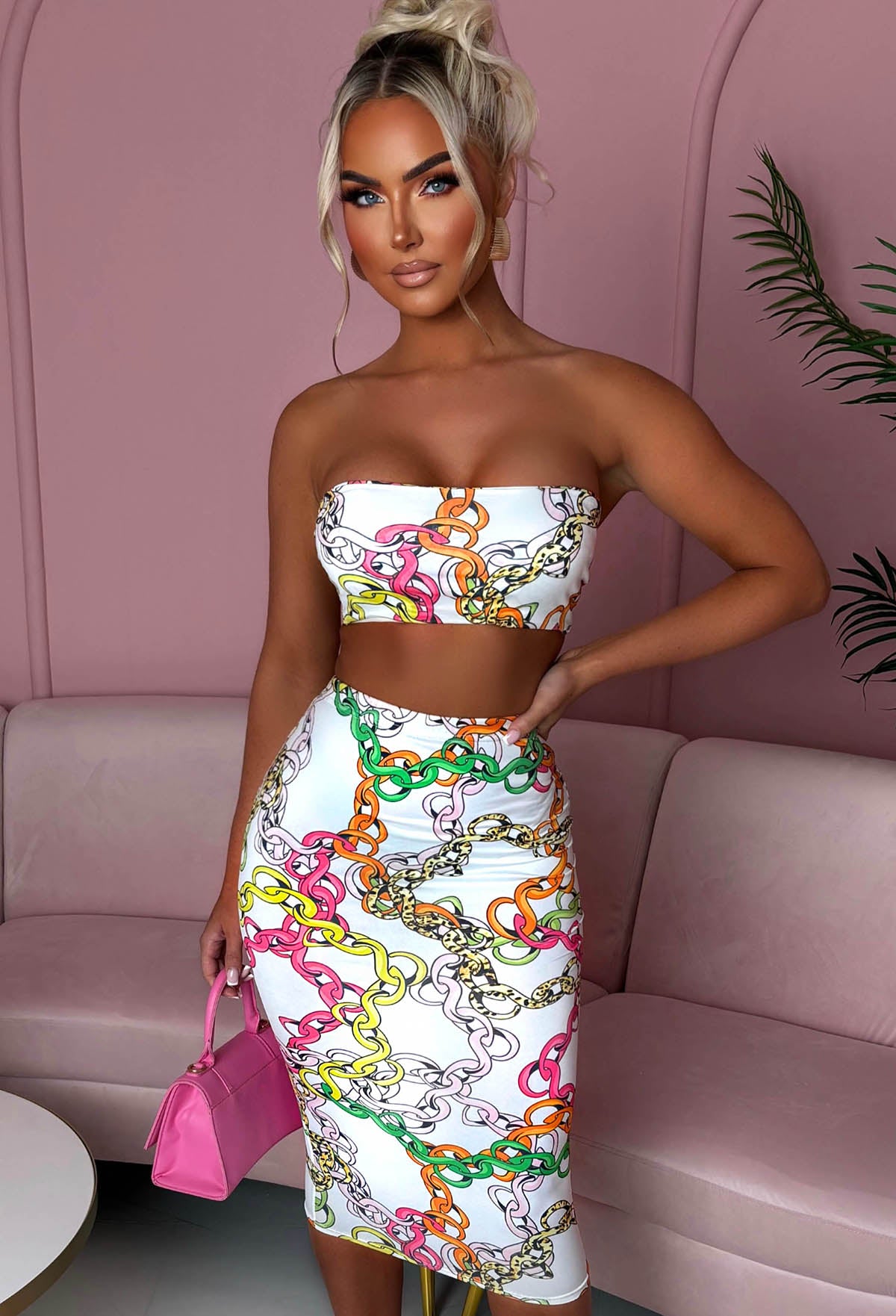 Chained To Paradise White Chain Printed Bandeau Co-ord Set