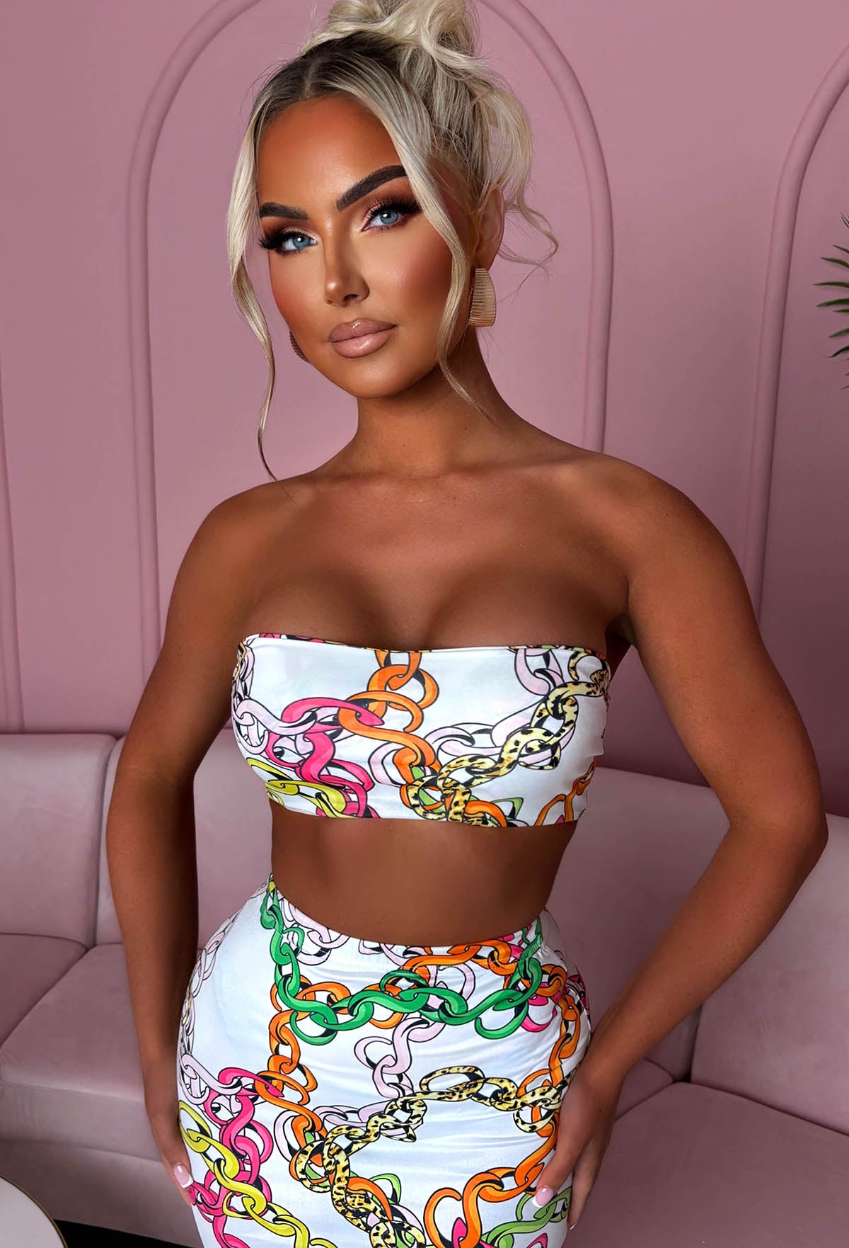 Chained To Paradise White Chain Printed Bandeau Co-ord Set