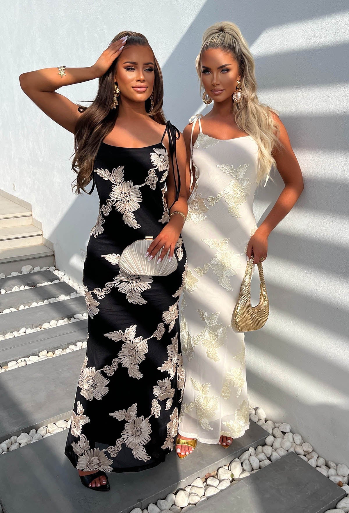 Champagne & Sunsets Black Ribbon Flower Maxi Dress