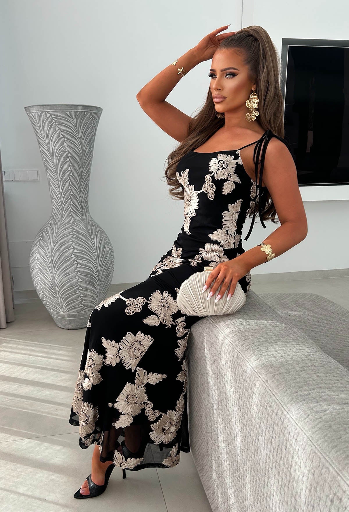 Champagne & Sunsets Black Ribbon Flower Maxi Dress