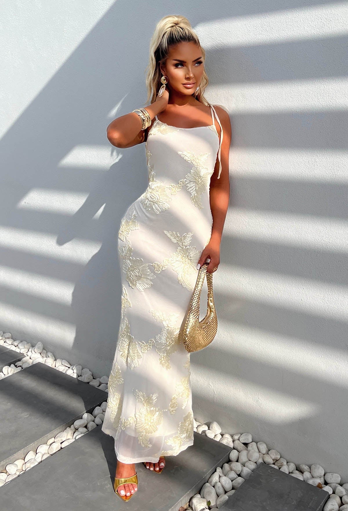 Champagne & Sunsets Cream Ribbon Flower Maxi Dress