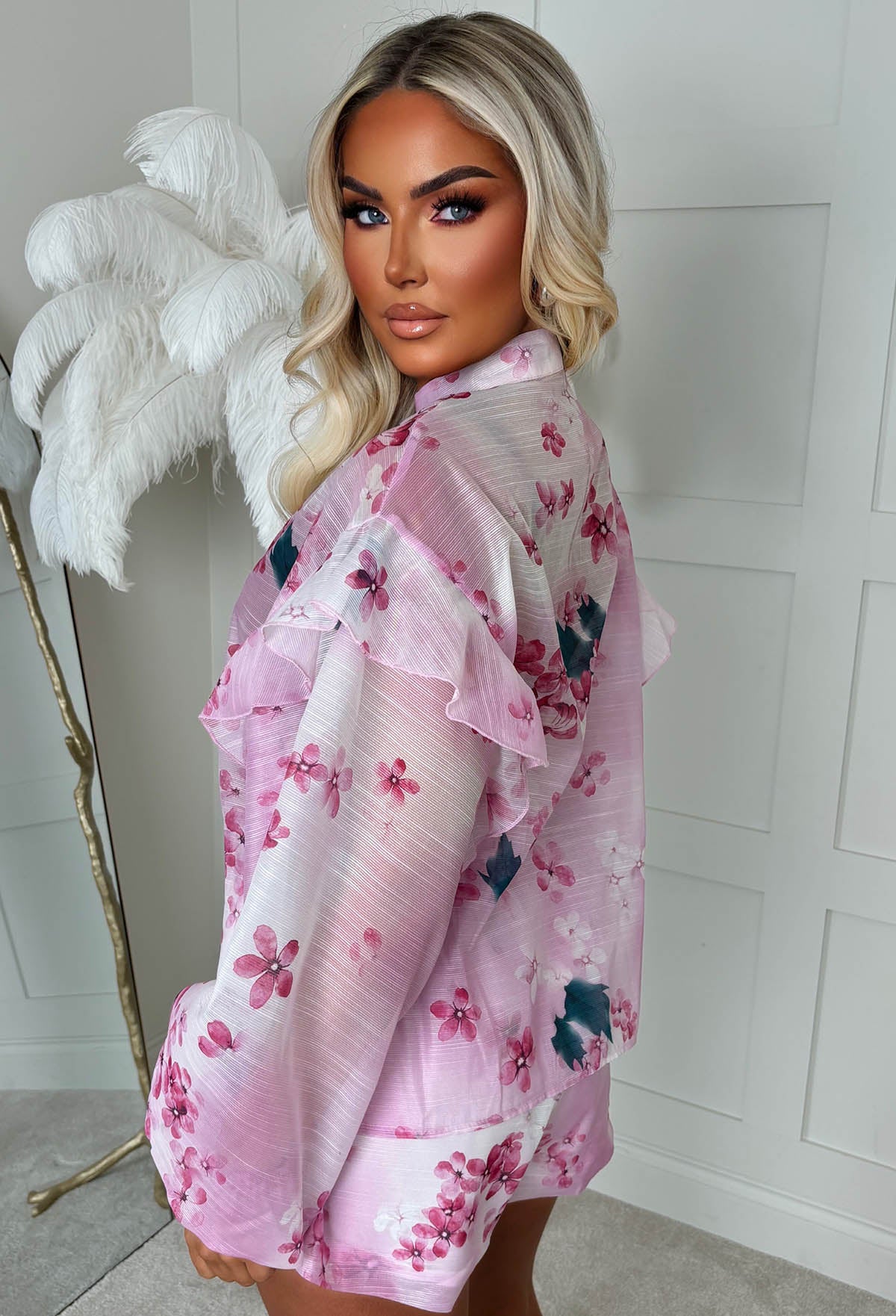 Chaya Pink Floral Pussybow Blouse & Short Co-Ord