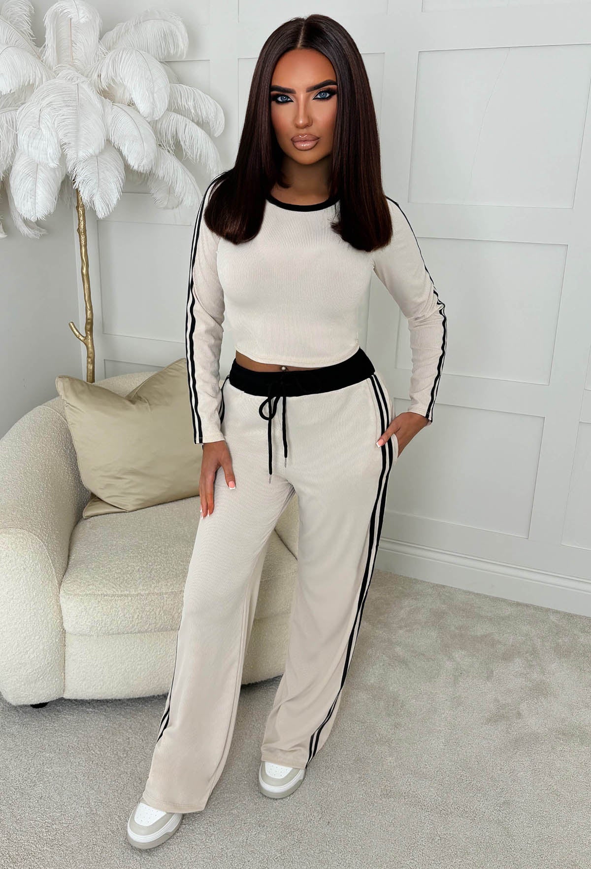 Chic And Cosy Stone Black Side Stripe Loungewear Set