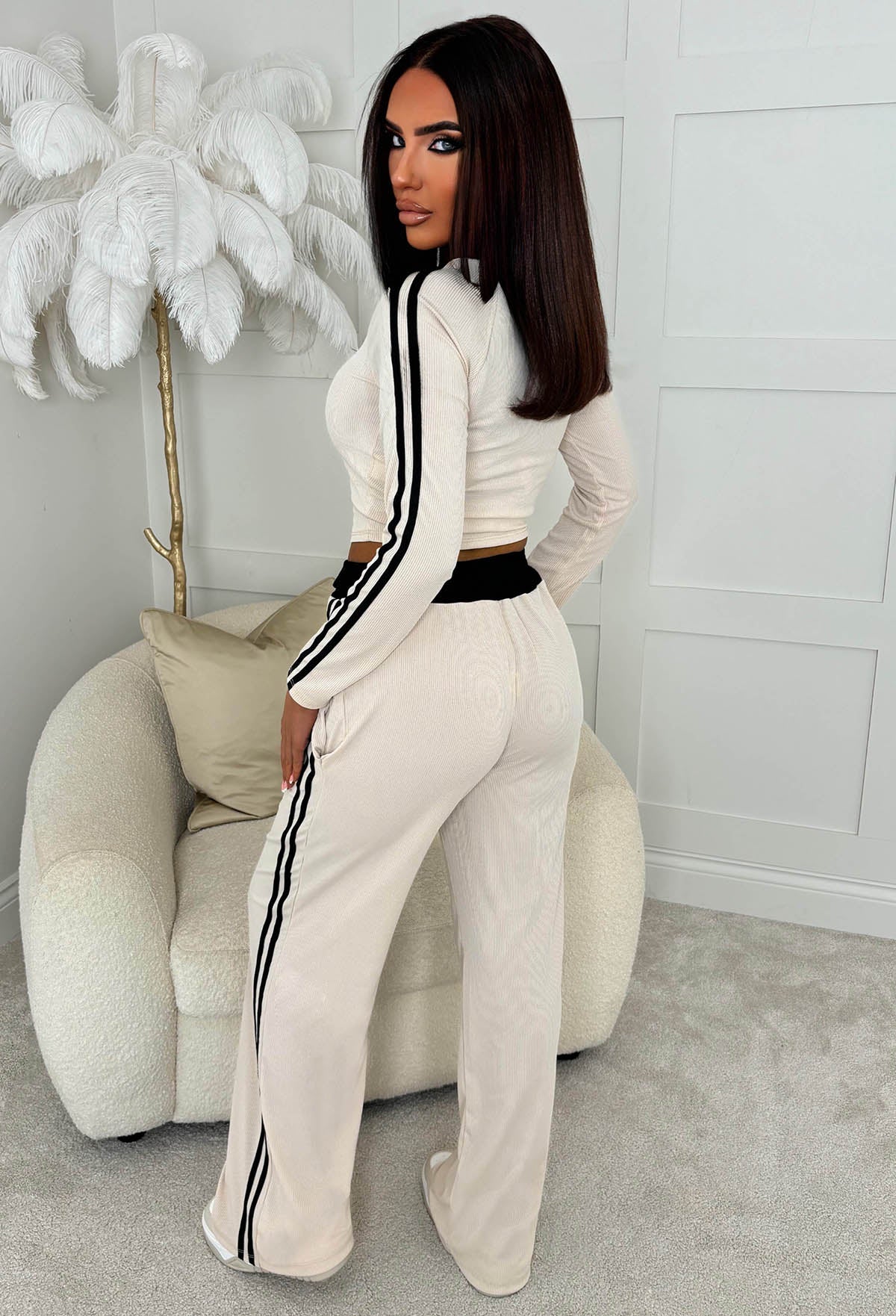 Chic And Cosy Stone Black Side Stripe Loungewear Set