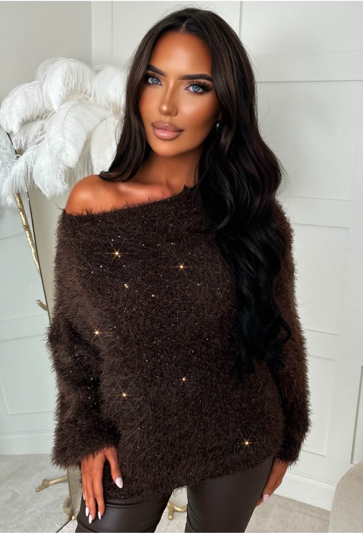 Chic & Cosy Brown Oversized Sequin Jumper