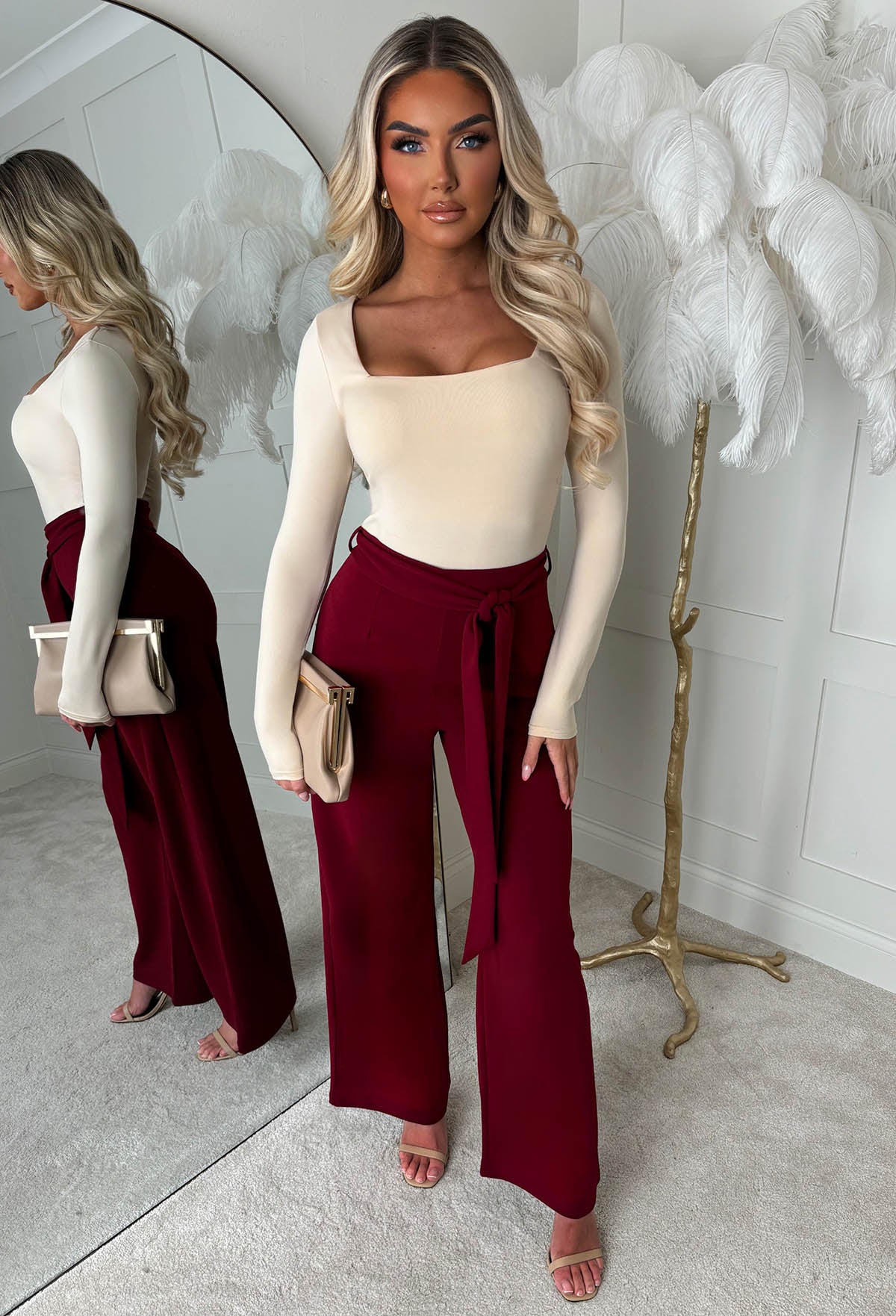 Chic Couture Burgundy Belted Wide Leg Trousers Pink Boutique