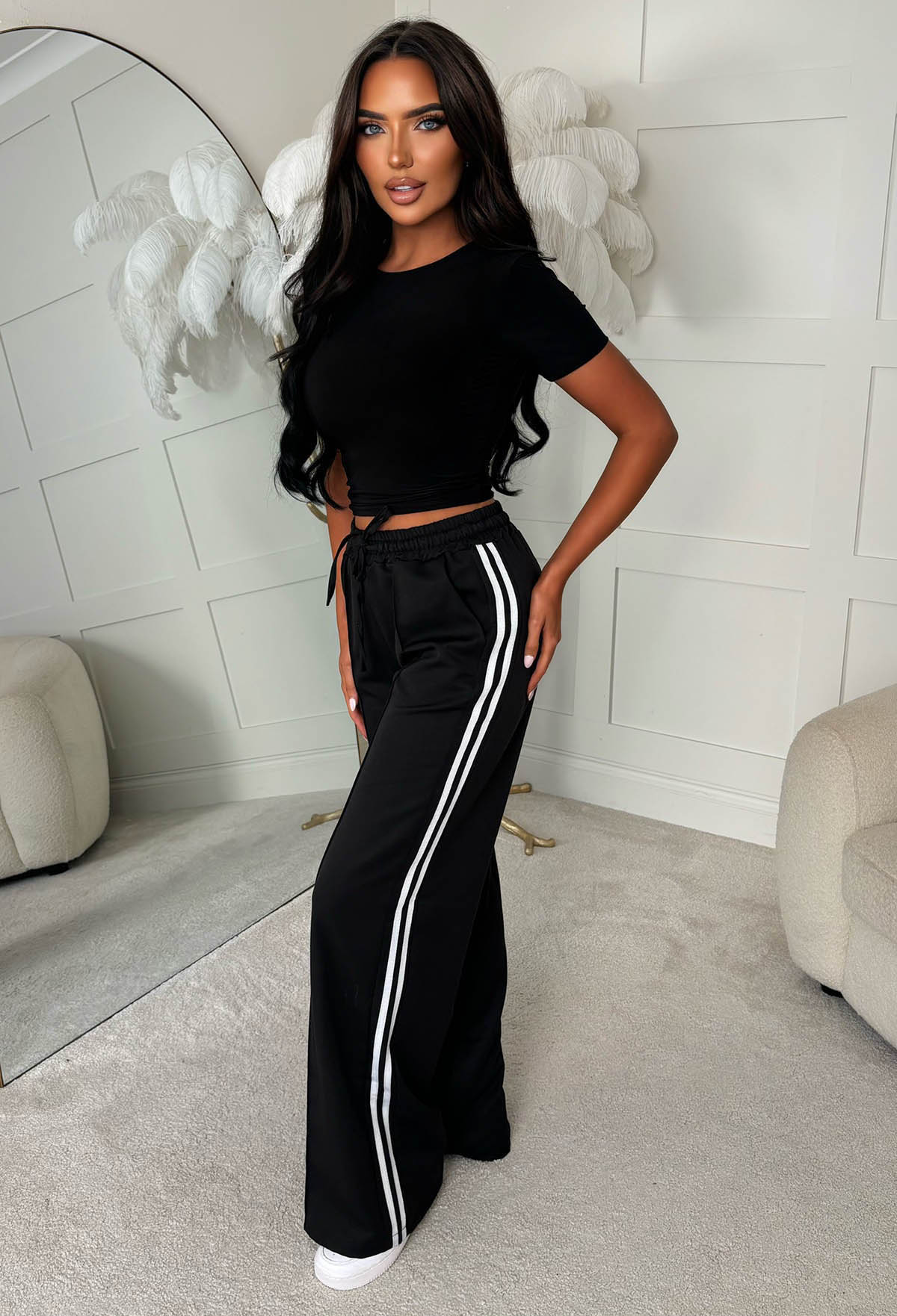 Chic & Cutesie Black Contrast Side Striped Drawstring Trousers