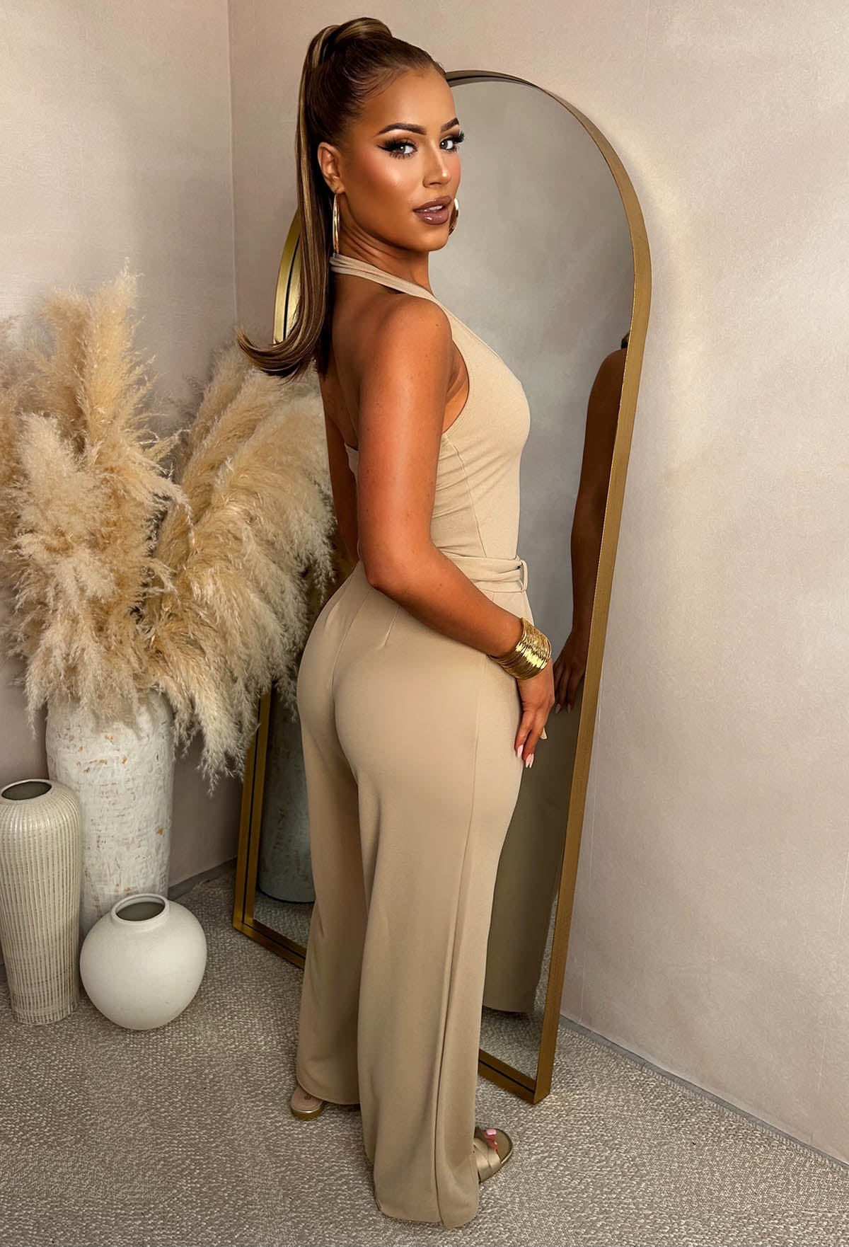 Chic On The Daily Beige Halterneck Bodysuit & Trouser Co-ord Set