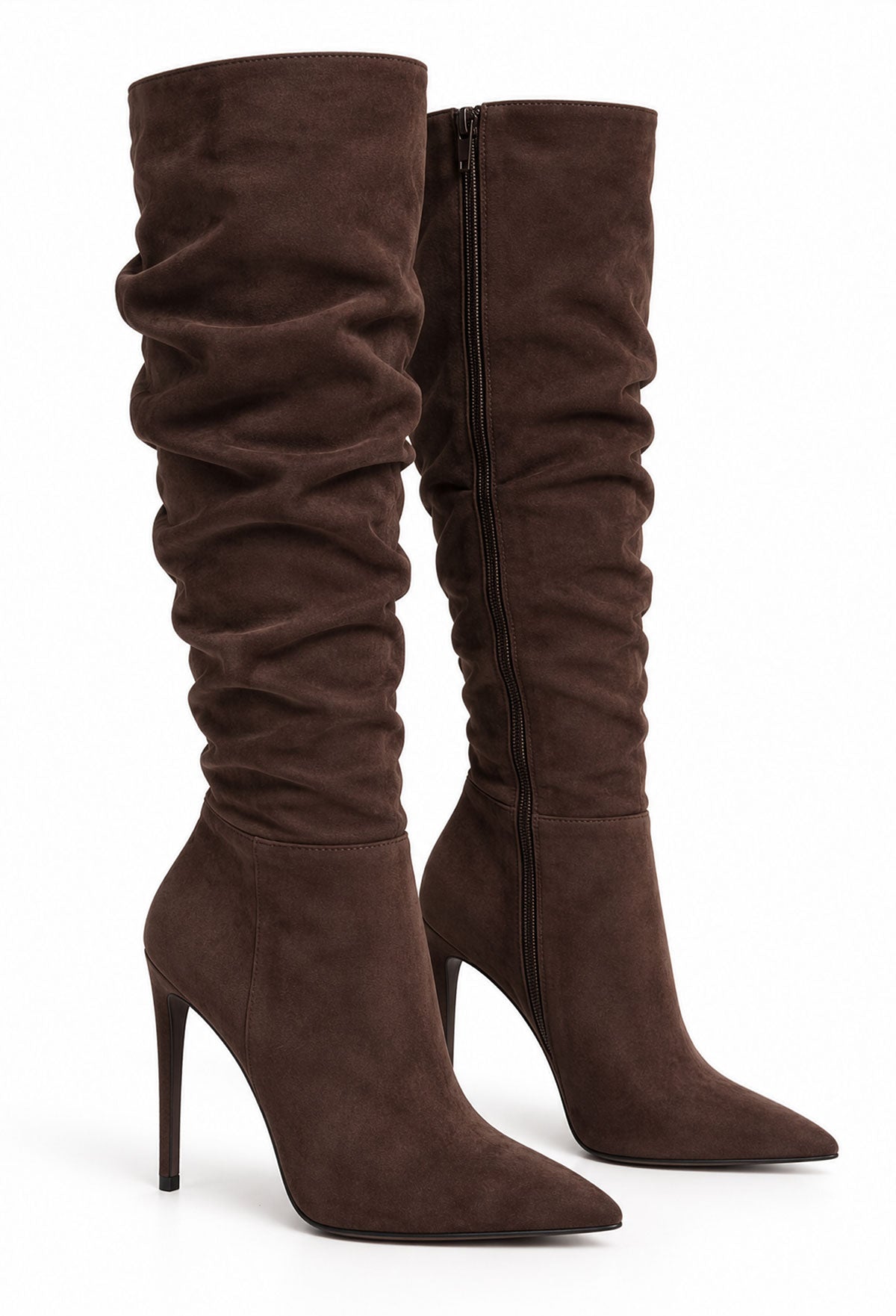 Brown ruched knee high faux suede boots with pointed toe and high stiletto heel.