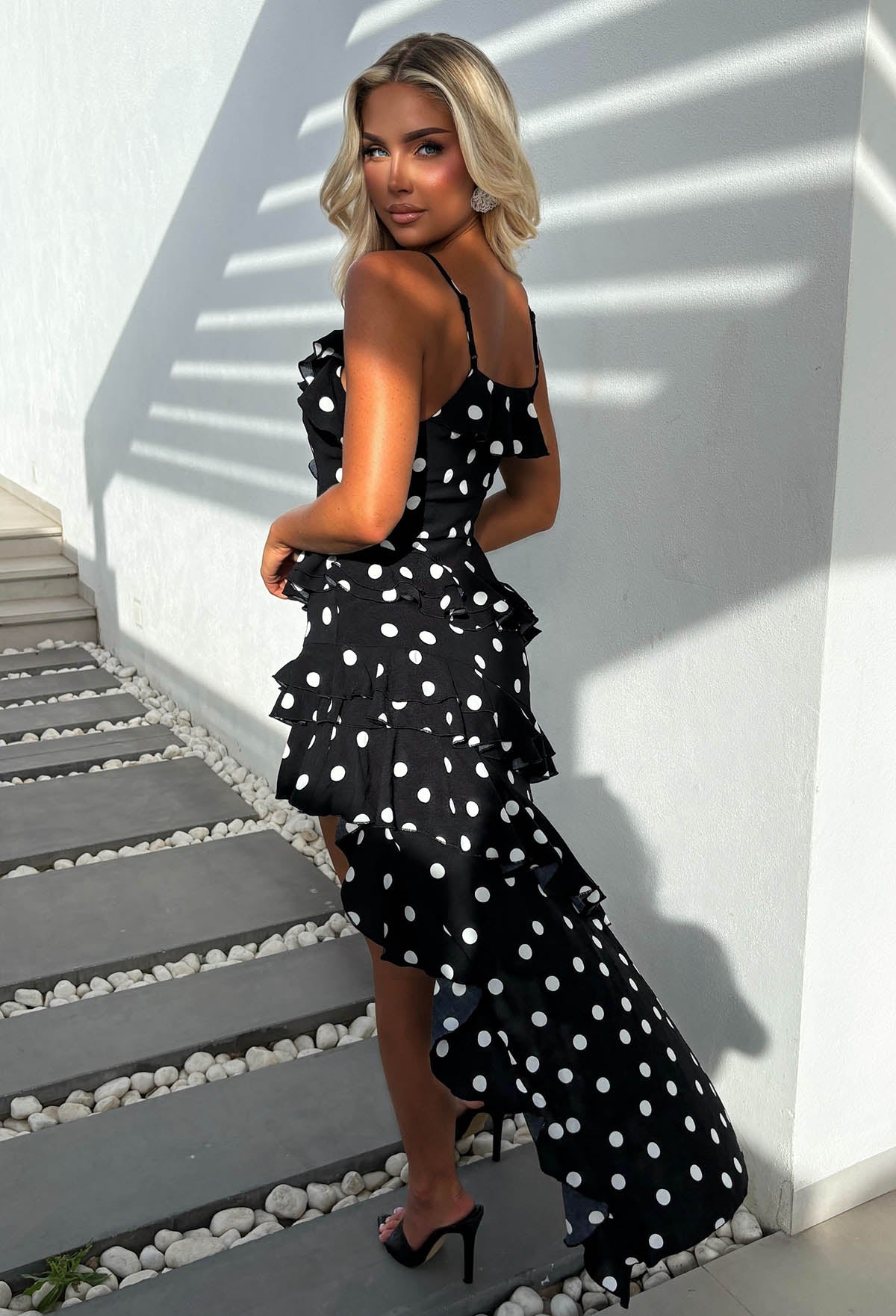 Black Polka Dot Asymetric Ruffle Hem Mini Maxi Dress