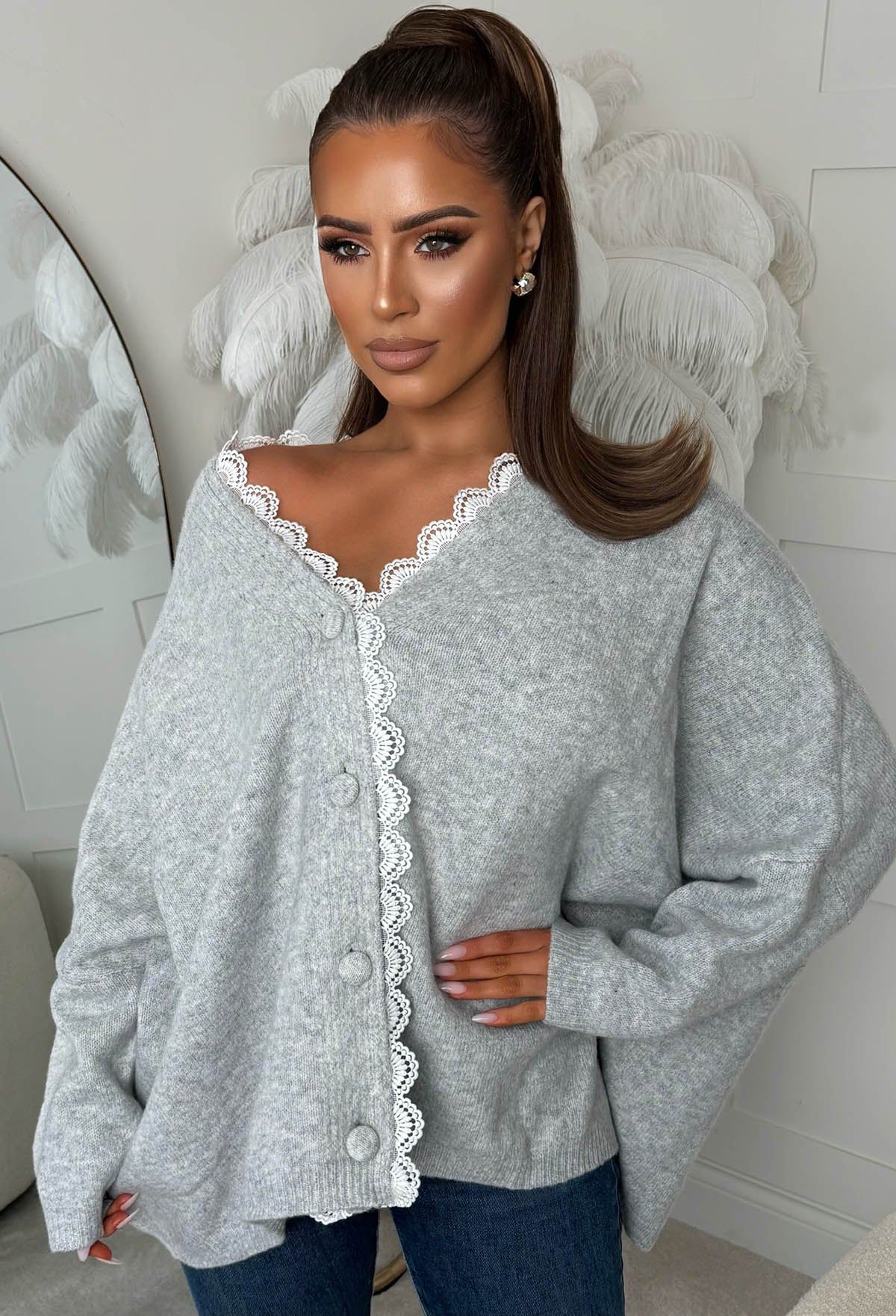 Lace Accent Knit Grey×White Chill Girl Aesthetic Grey Lace Trim Knitted Cardigan | Pink Boutique
