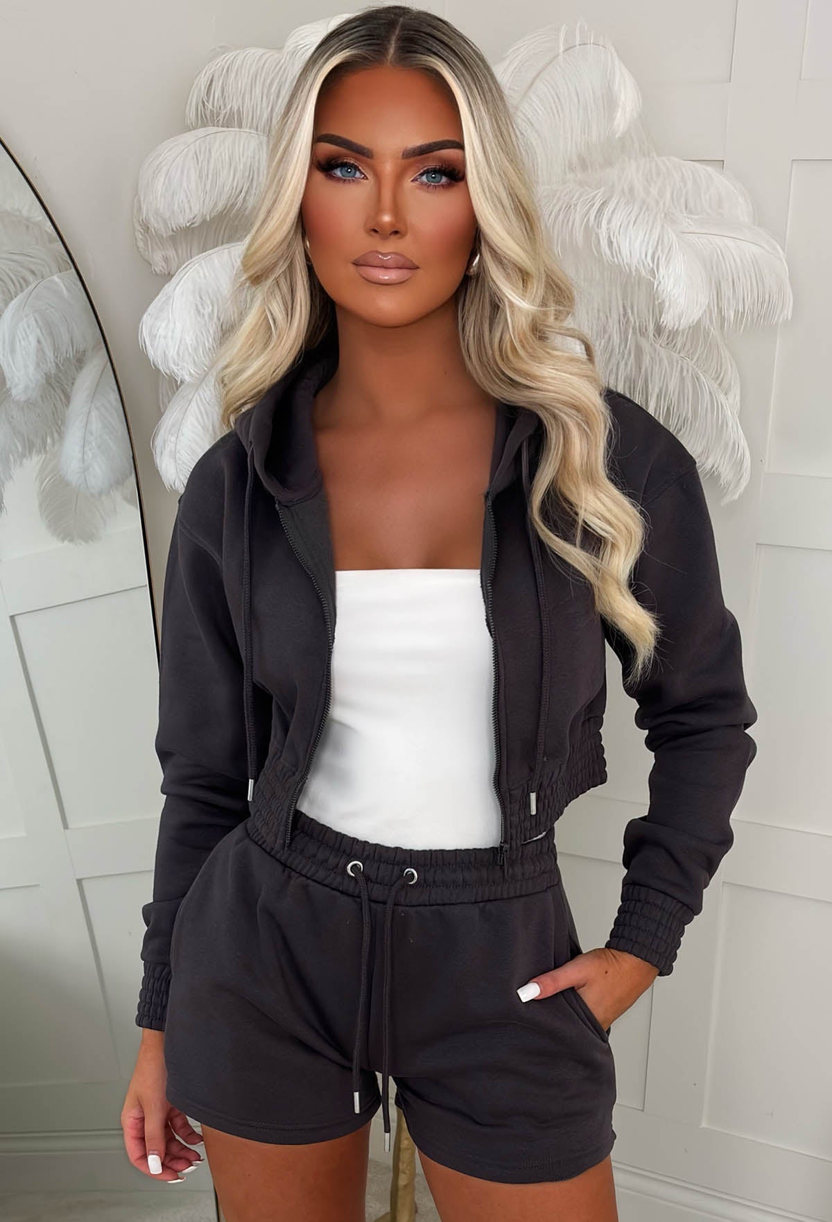 Chill Girl Charcoal Cropped Hoodie And Shorts Loungewear Set