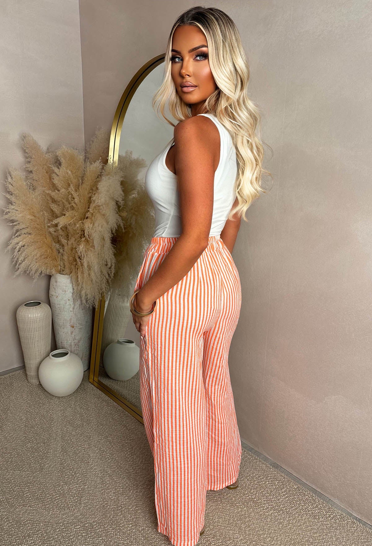 Citrus Bliss Orange Striped Elasticated Waist Trousers