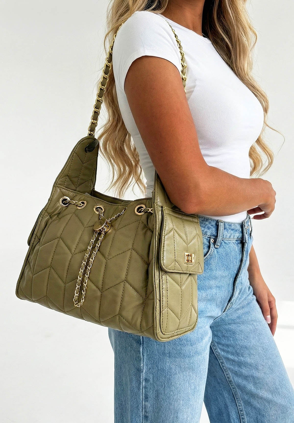 City Girl Khaki Faux Leather Top Handle Bag