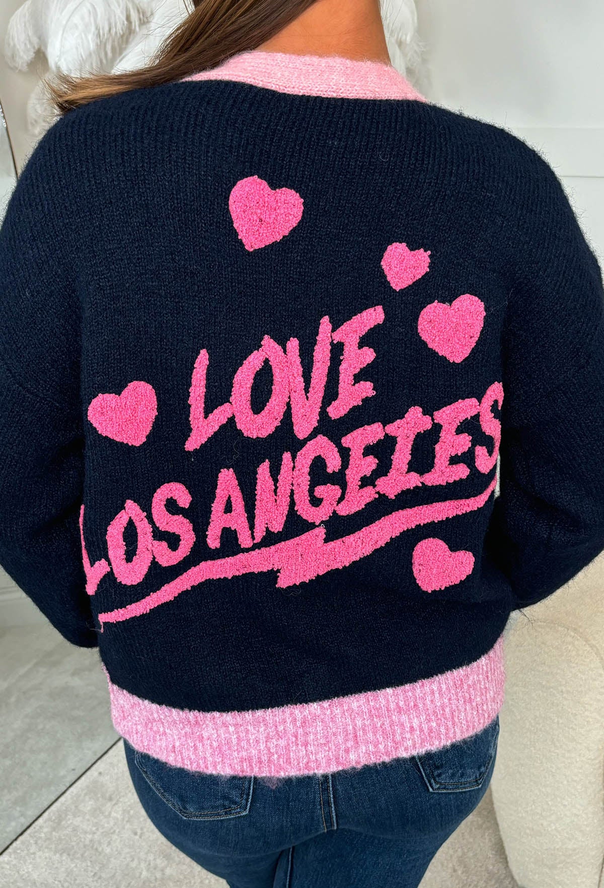 City Of Angels Navy Slogan Back Cardigan | Pink Boutique City Of Angels Navy Slogan Back Cardigan | Pink Boutique