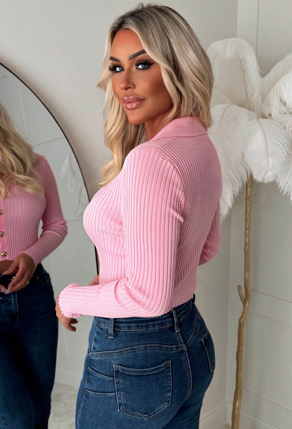 Classic Couture Baby Pink Rib Knit Button V-Neck Jumper