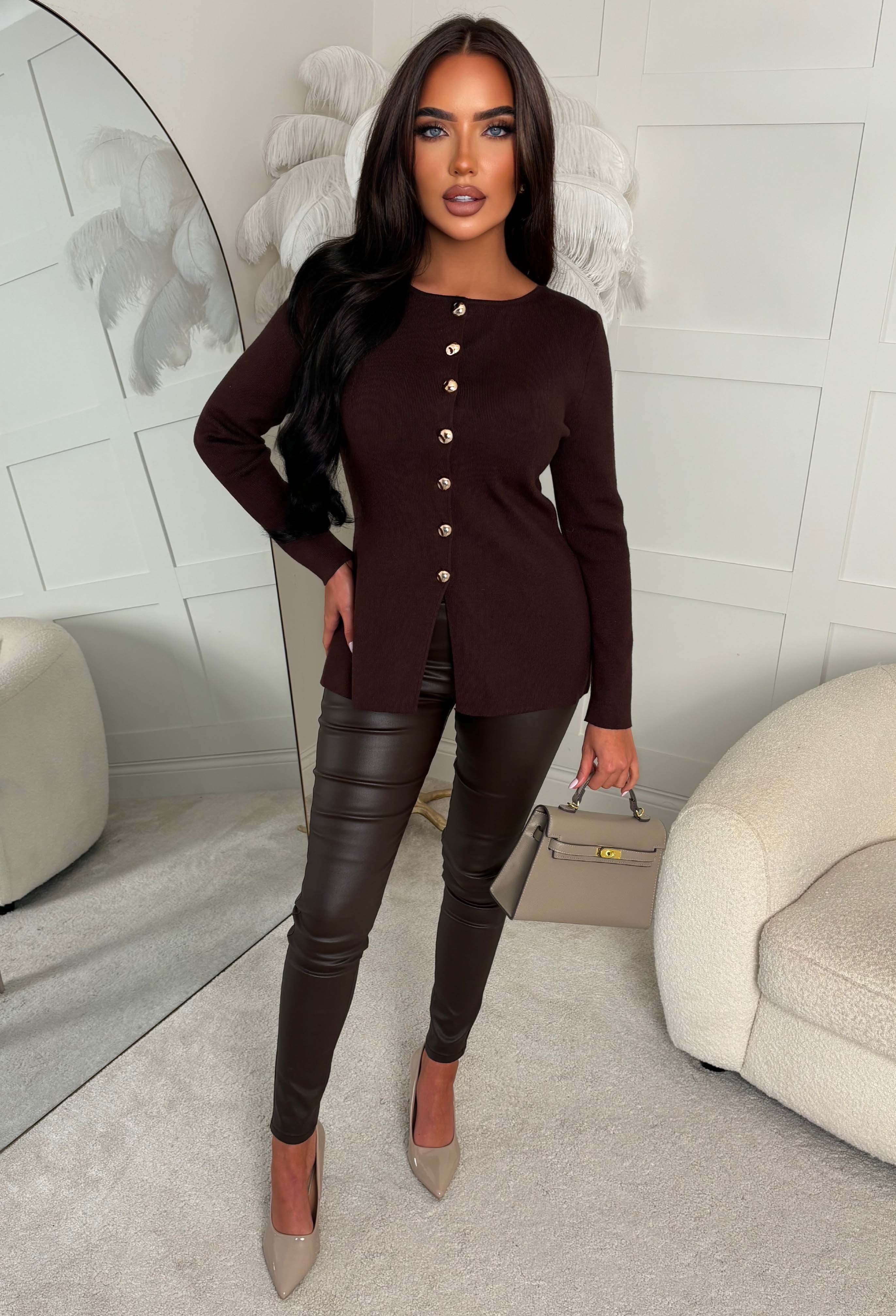 Classy Girl Brown Button Up Long Sleeve Knitted Top