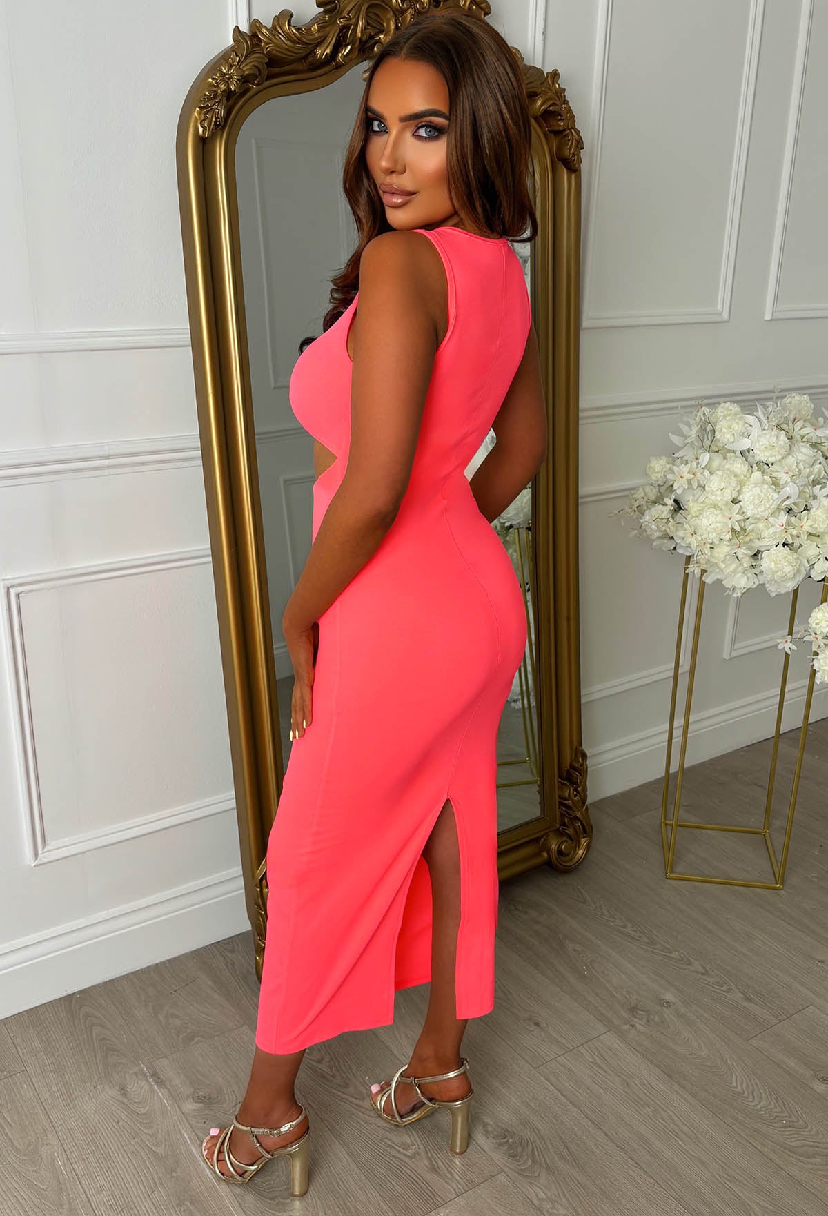 Clio Coral Buckle Detail Cutout Midi Dress