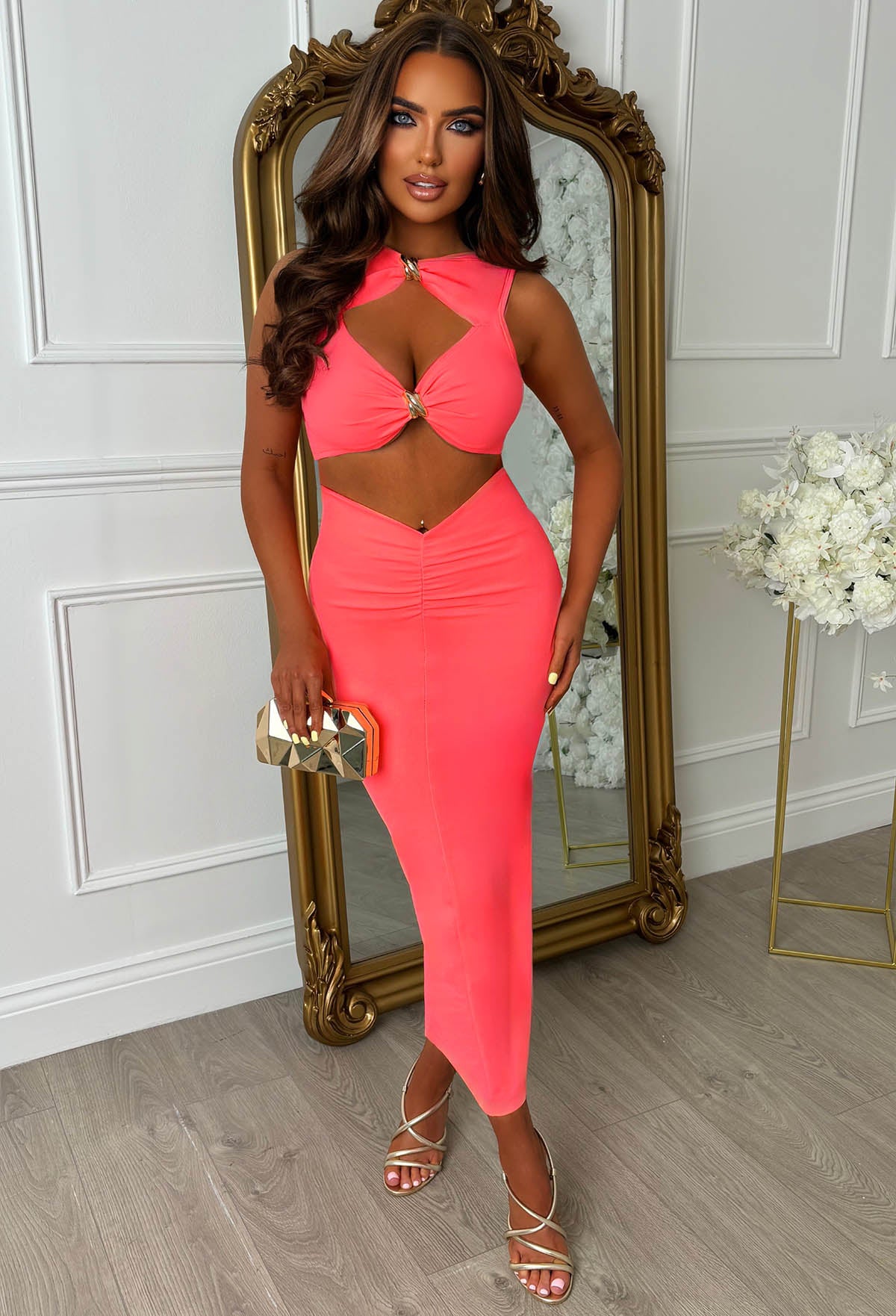 Clio Coral Buckle Detail Cutout Midi Dress