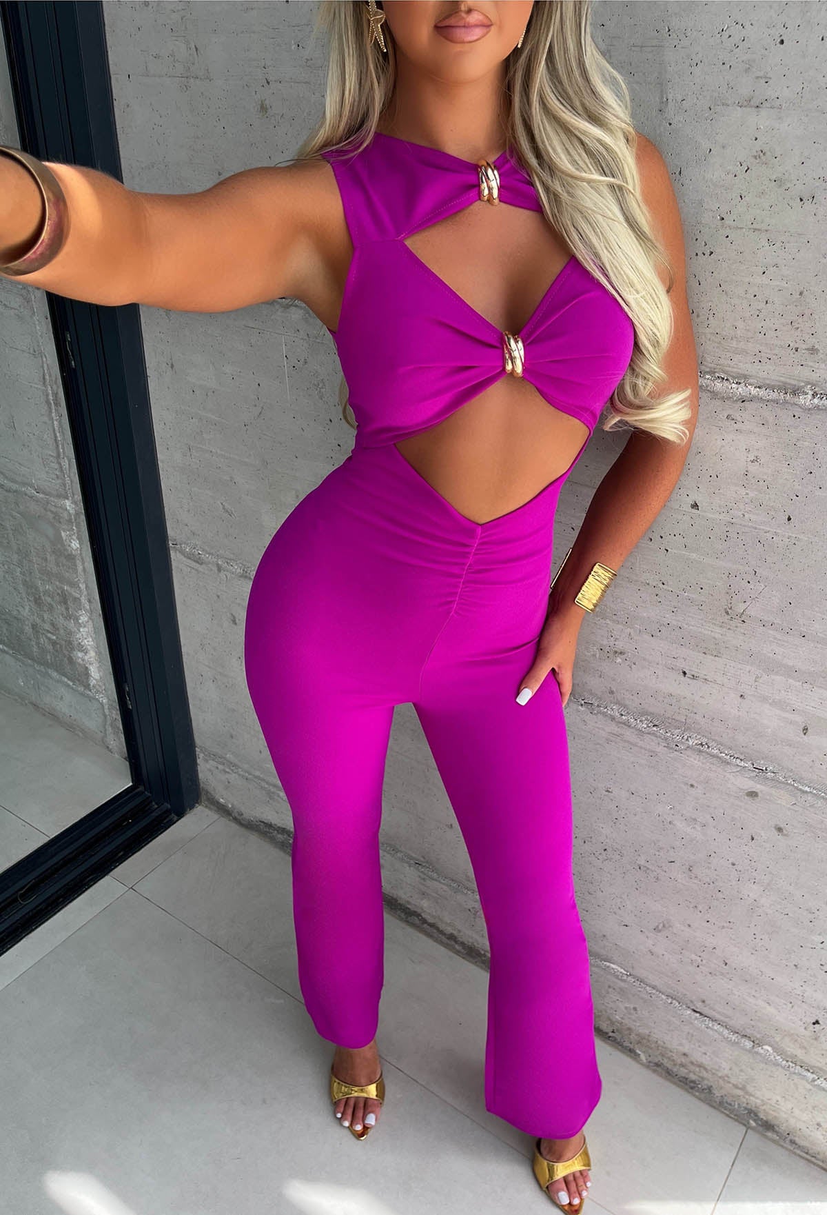 Clio Fuchsia Buckle Detail Cutout Jumpsuit