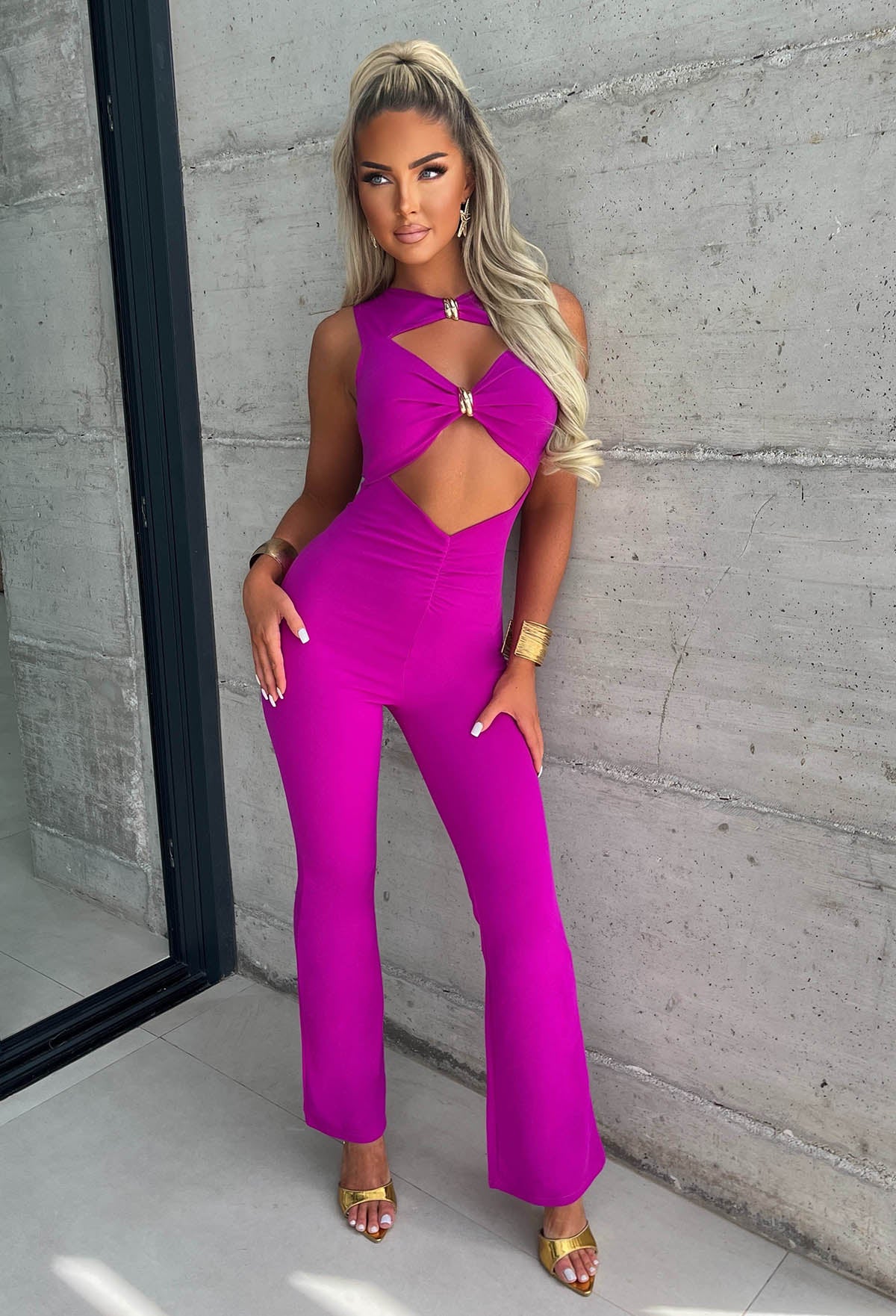 Clio Fuchsia Buckle Detail Cutout Jumpsuit