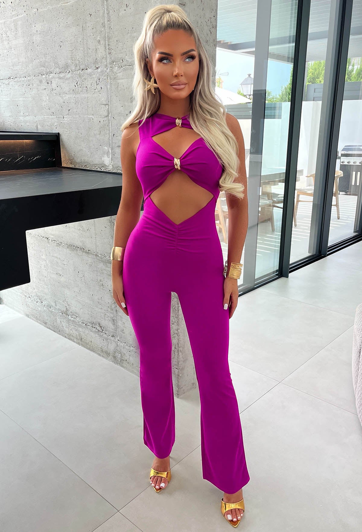 Clio Fuchsia Buckle Detail Cutout Jumpsuit