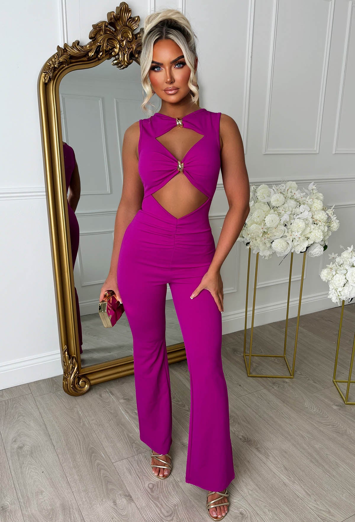 Clio Fuchsia Buckle Detail Cutout Jumpsuit
