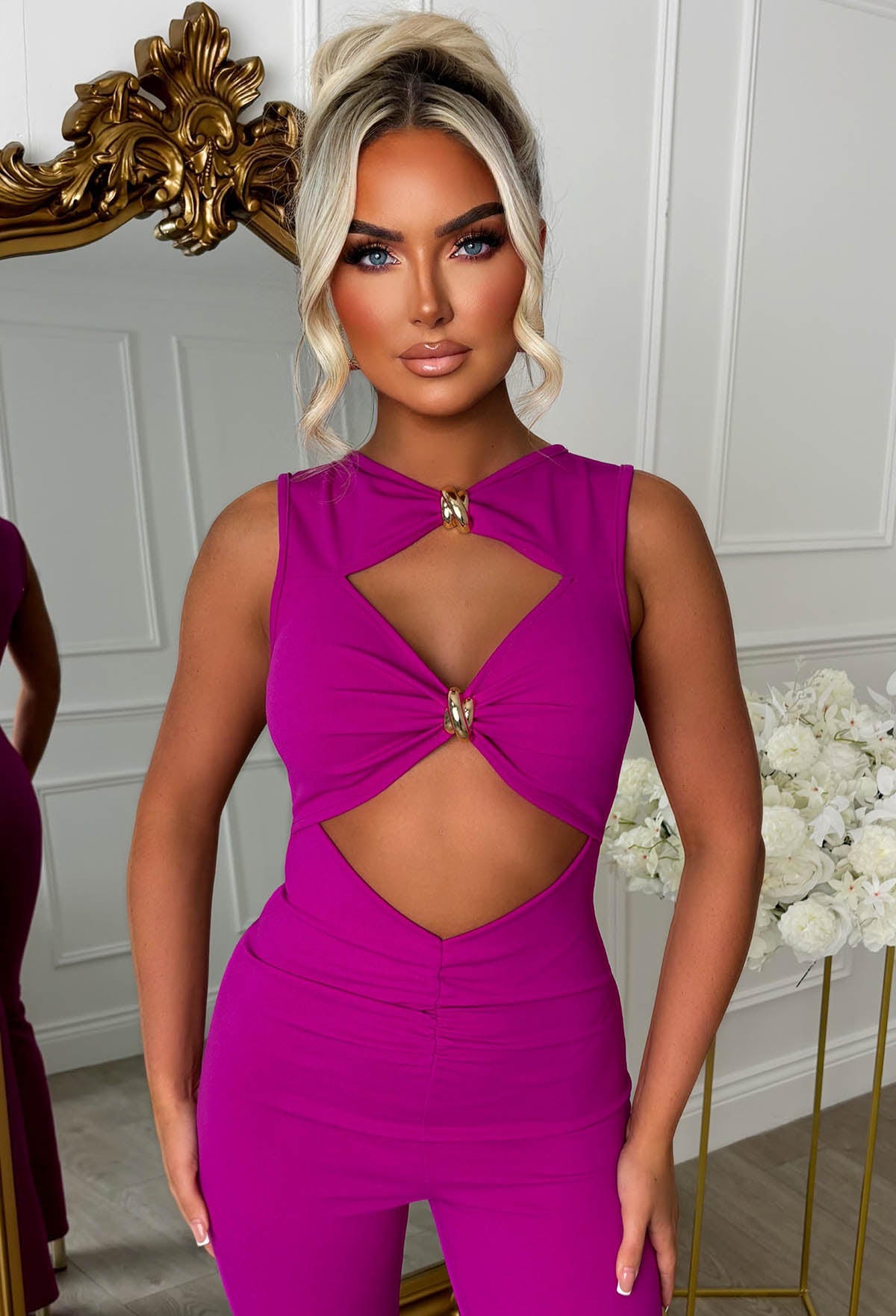 Clio Fuchsia Buckle Detail Cutout Jumpsuit