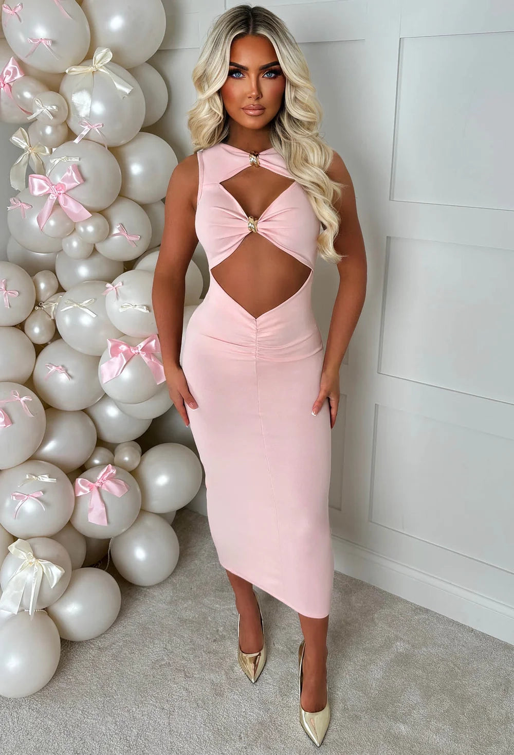 Clio Pink Buckle Detail Cutout Midi Dress