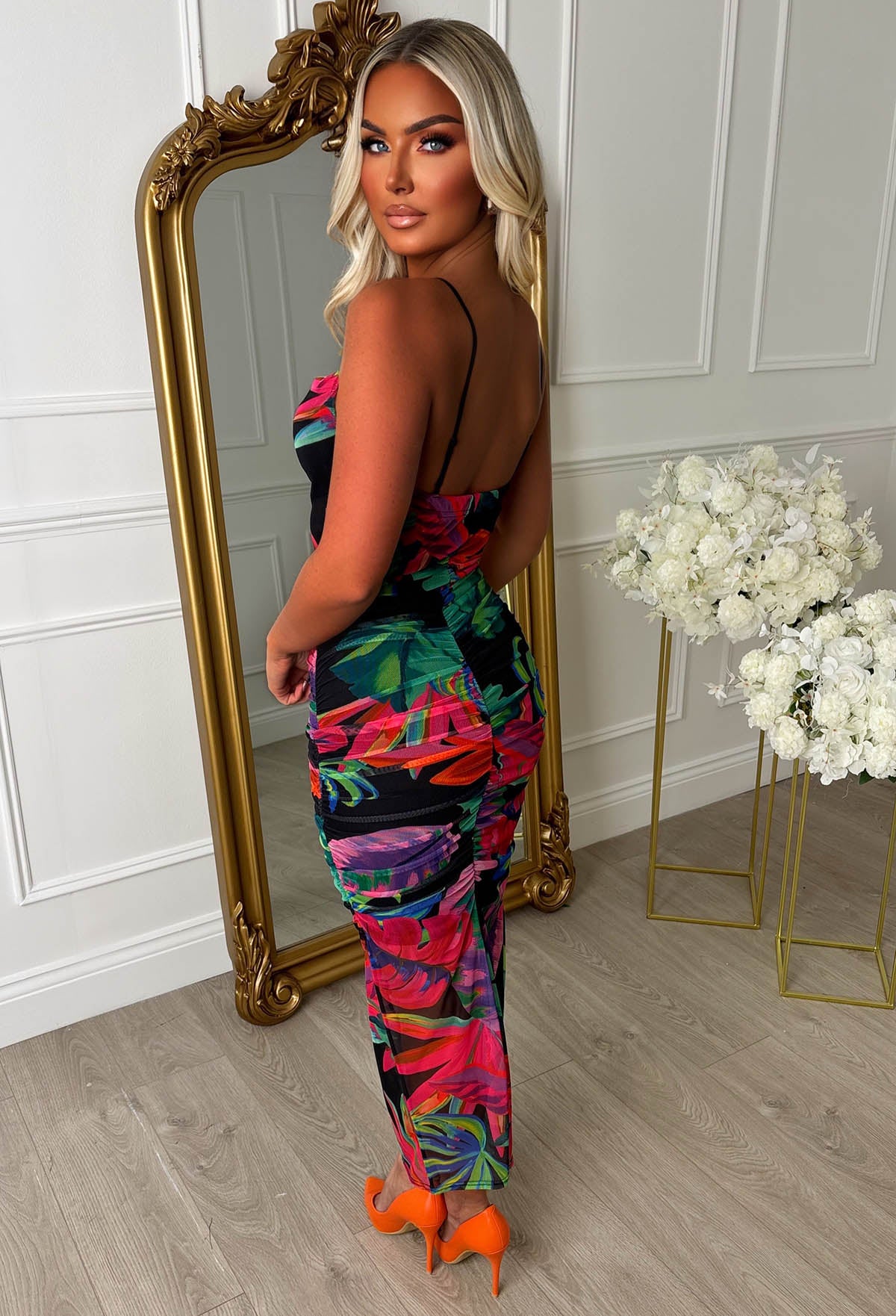 Club Tropicana Multi Tropical Leaf Cowl Neck Ruched Back Midi Dress