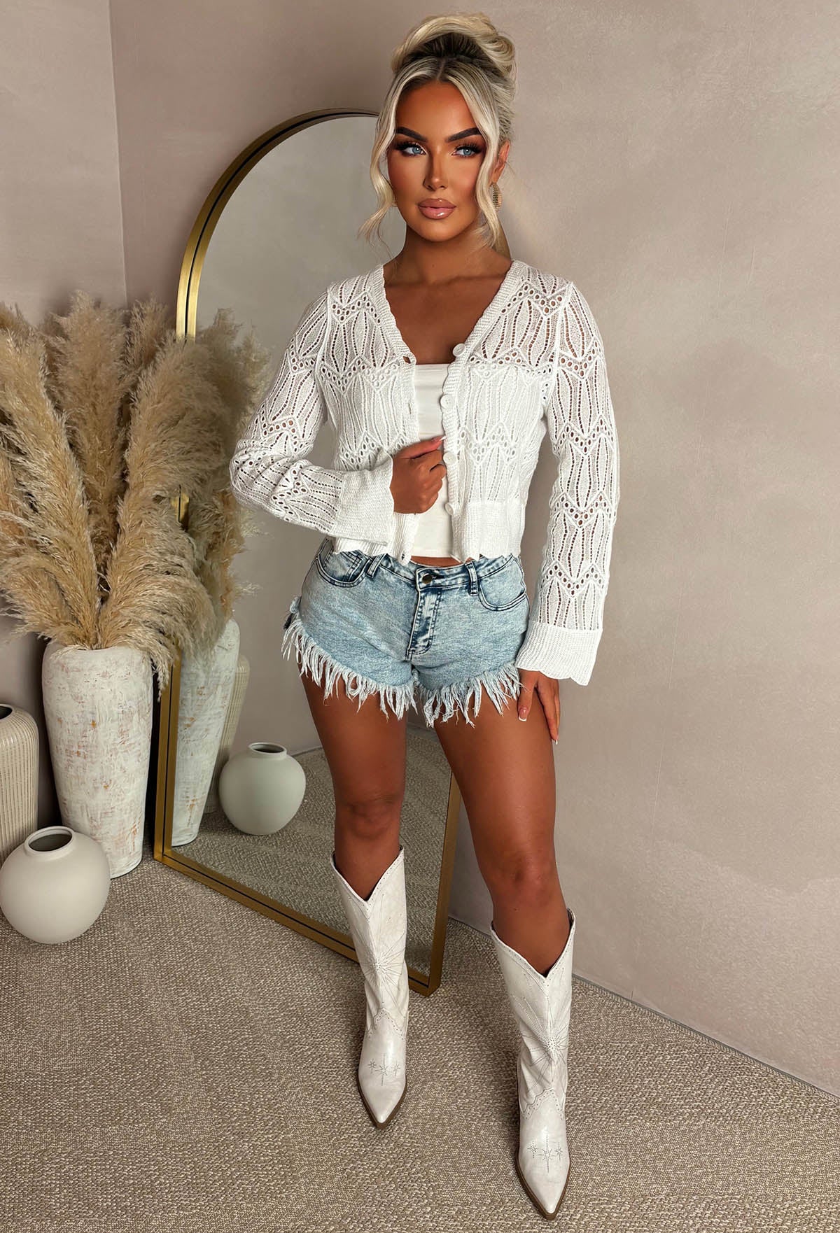 Coastal Chic Cream Crochet Knitted Cardigan