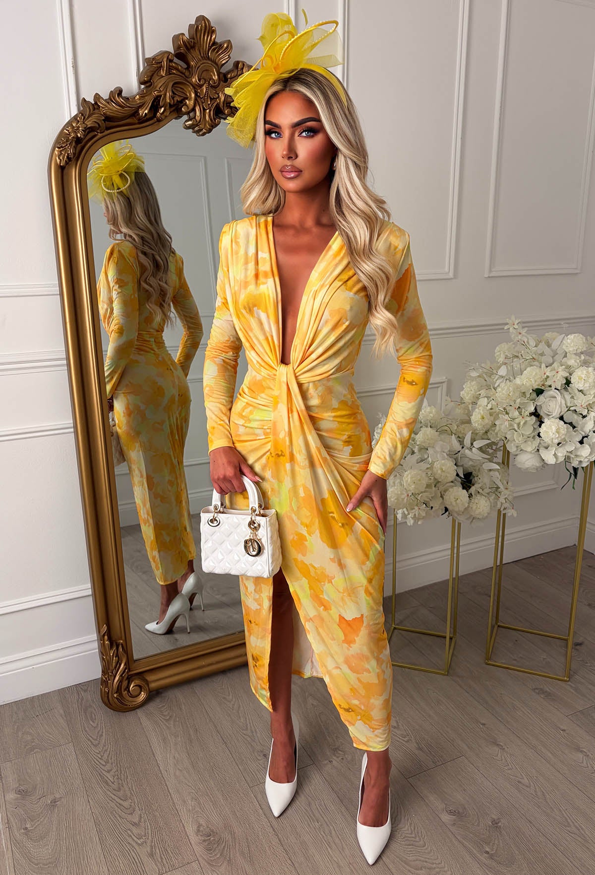 Lemon Print Long Sleeve Plunge Ruched Midi Dress
