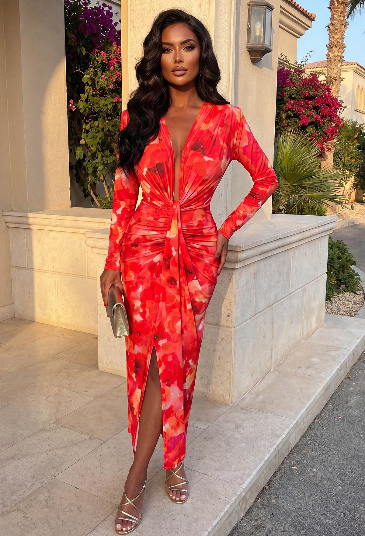 Pink Long Sleeve Plunge Ruched Abstract Print Midi Dress