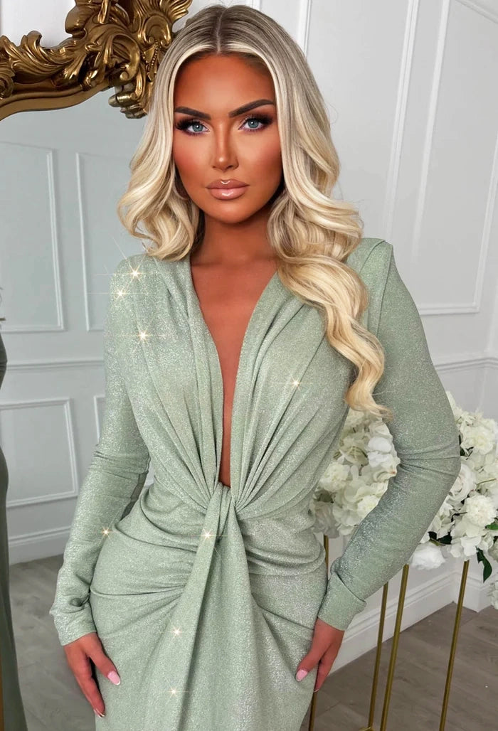 Cocktail Class Sage Green Lurex Plunge Long Sleeve Midi Dress