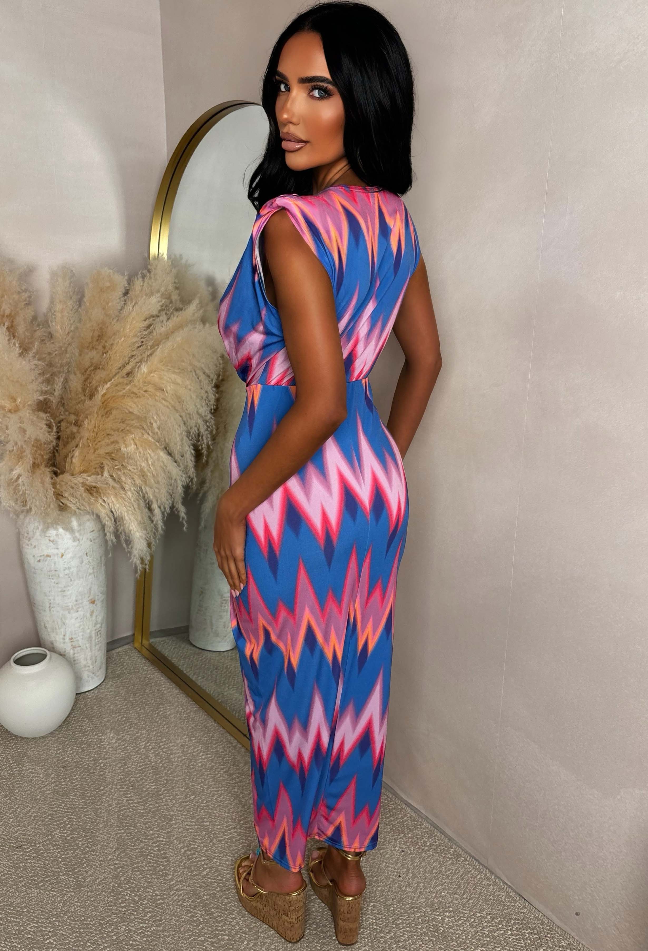 Cocktail Hour Multi Zig Zag Print Sleeveless Plunge Ruched Midi Dress
