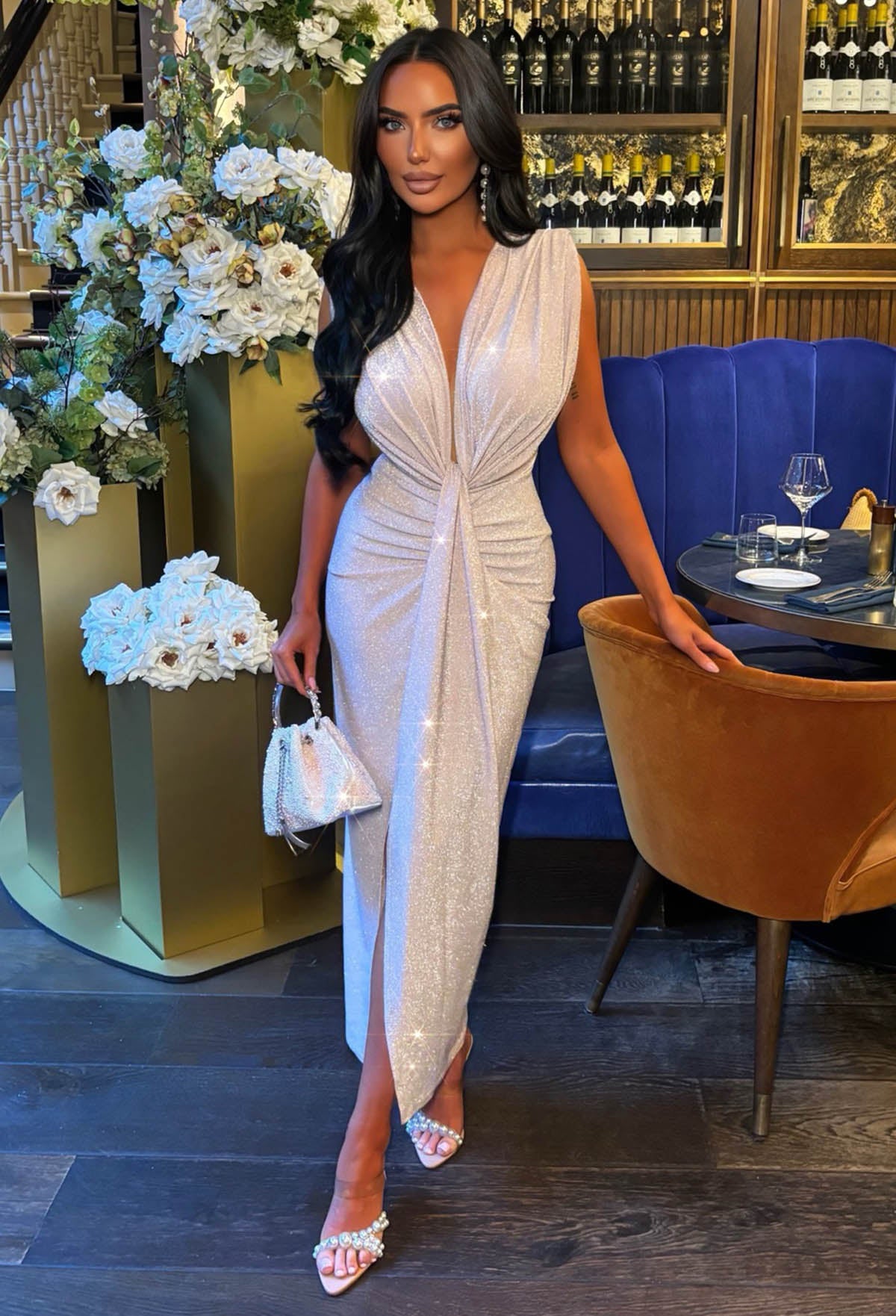 strapless open back dress Cocktail Glamour Pink Stretch Lurex Sleeveless Plunge Ruched Midi Dress