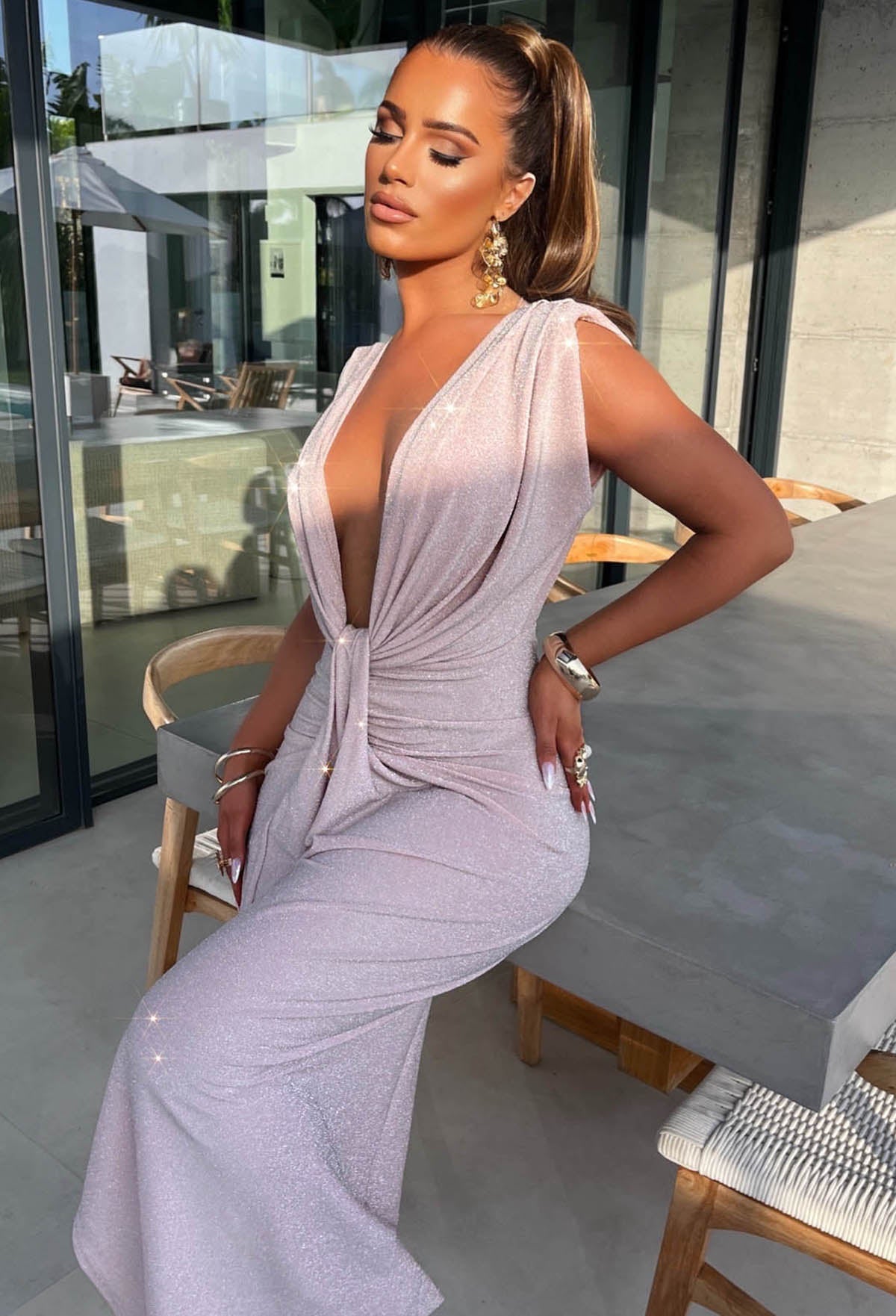 Cocktail Glamour Pink Stretch Lurex Sleeveless Plunge Ruched Midi Dress