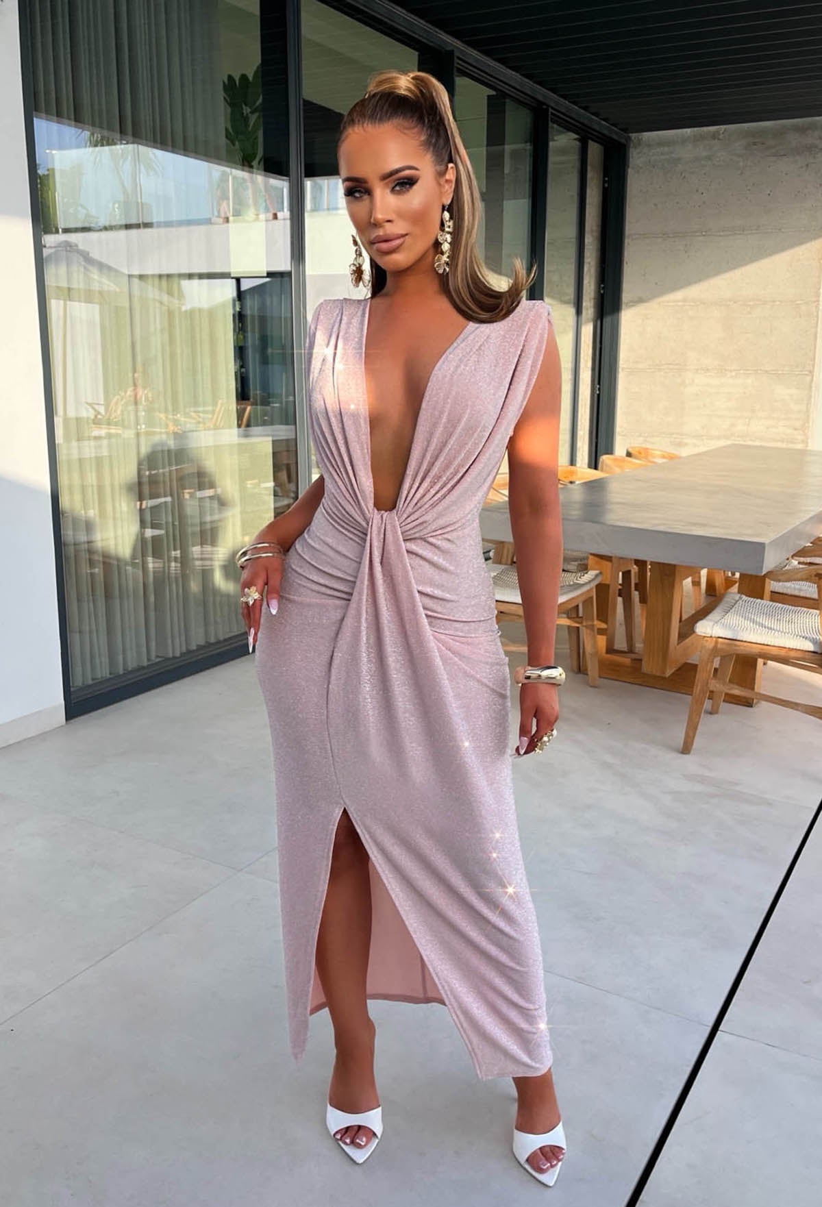 Cocktail Glamour Pink Stretch Lurex Sleeveless Plunge Ruched Midi Dress