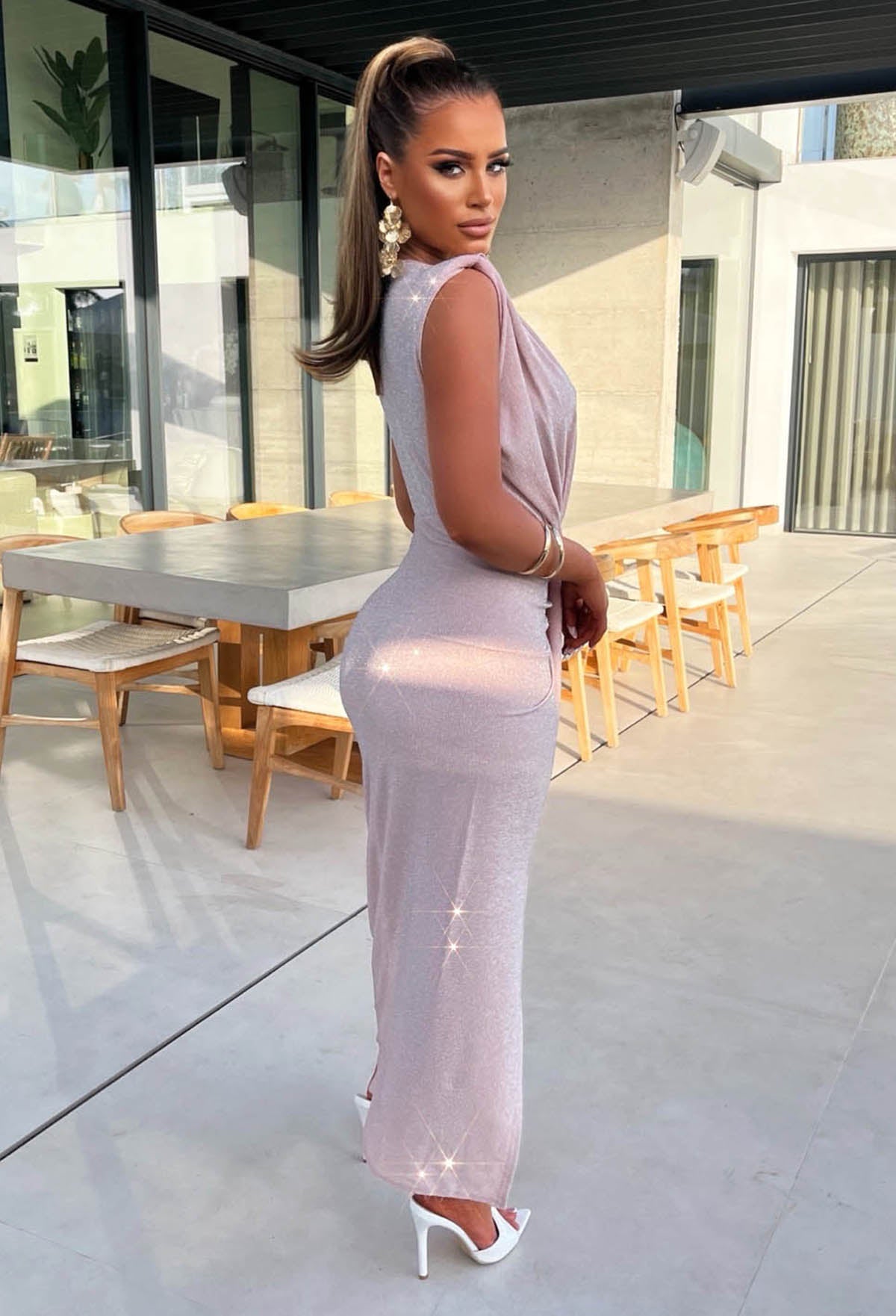 Cocktail Glamour Pink Stretch Lurex Sleeveless Plunge Ruched Midi Dress