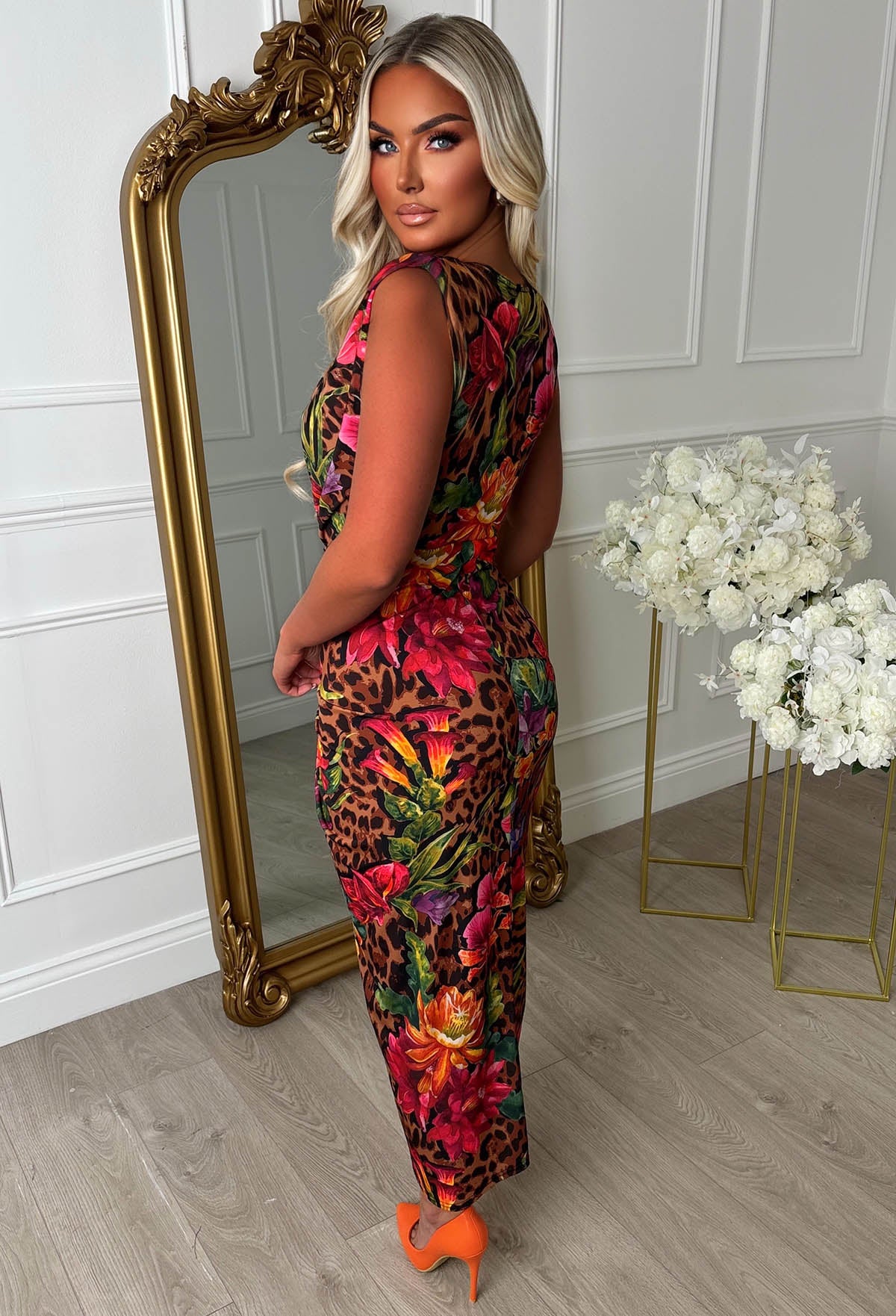 Cocktail Hour Multi Tropical Leopard Sleeveless Plunge Ruched Midi Dress