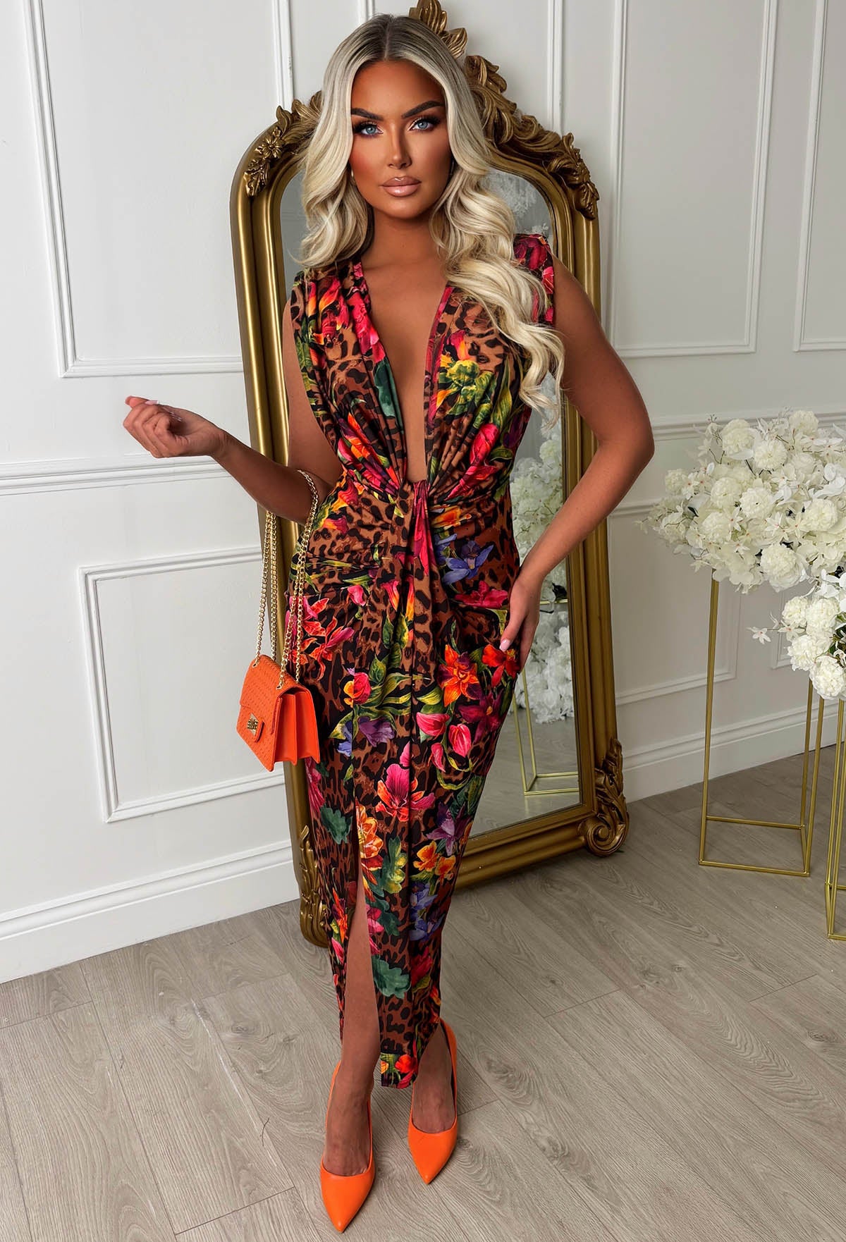 Cocktail Hour Multi Tropical Leopard Sleeveless Plunge Ruched Midi Dress