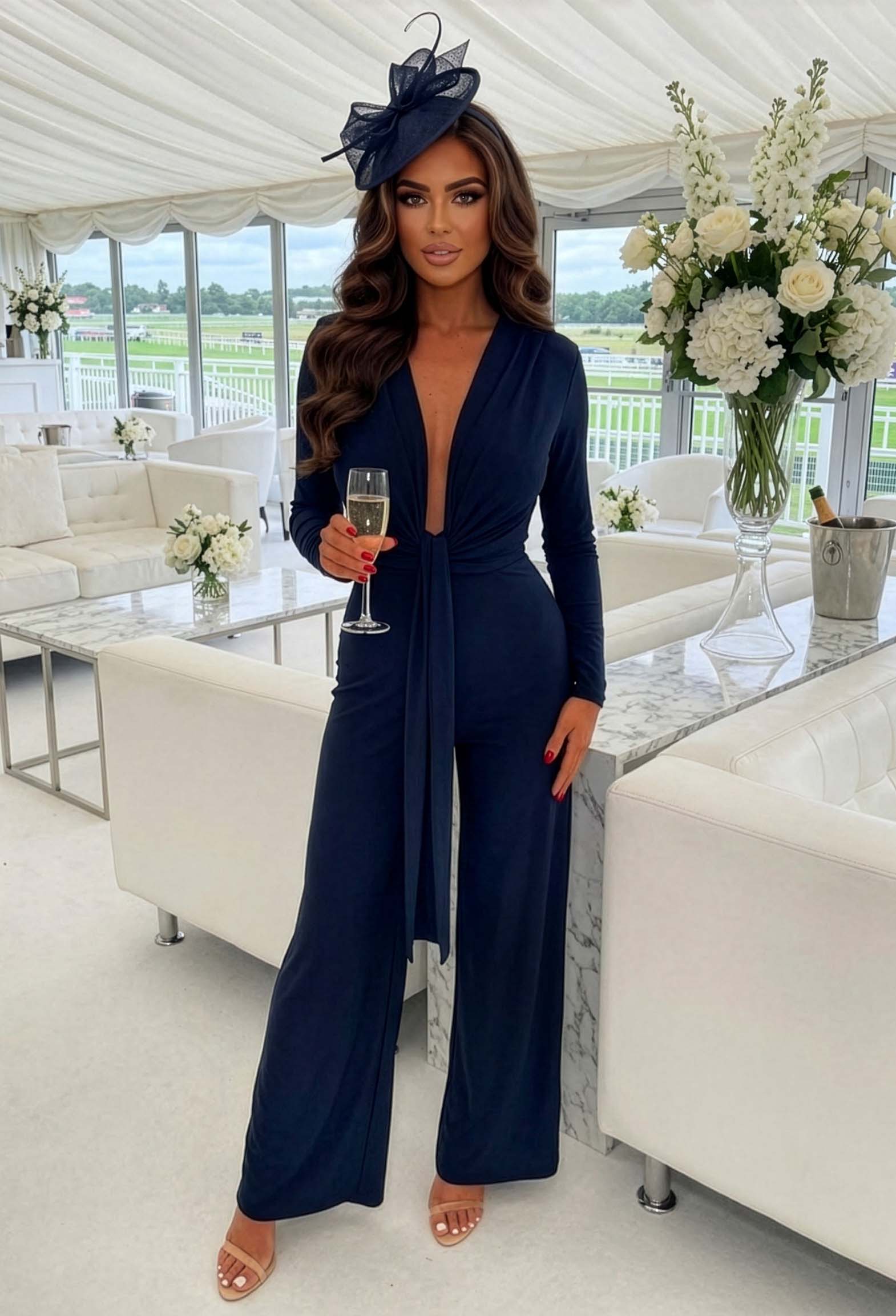 Navy stretch sleeveless plunge jumpsuit with a deep drape neckline, shoulder pads and wide-leg fit.